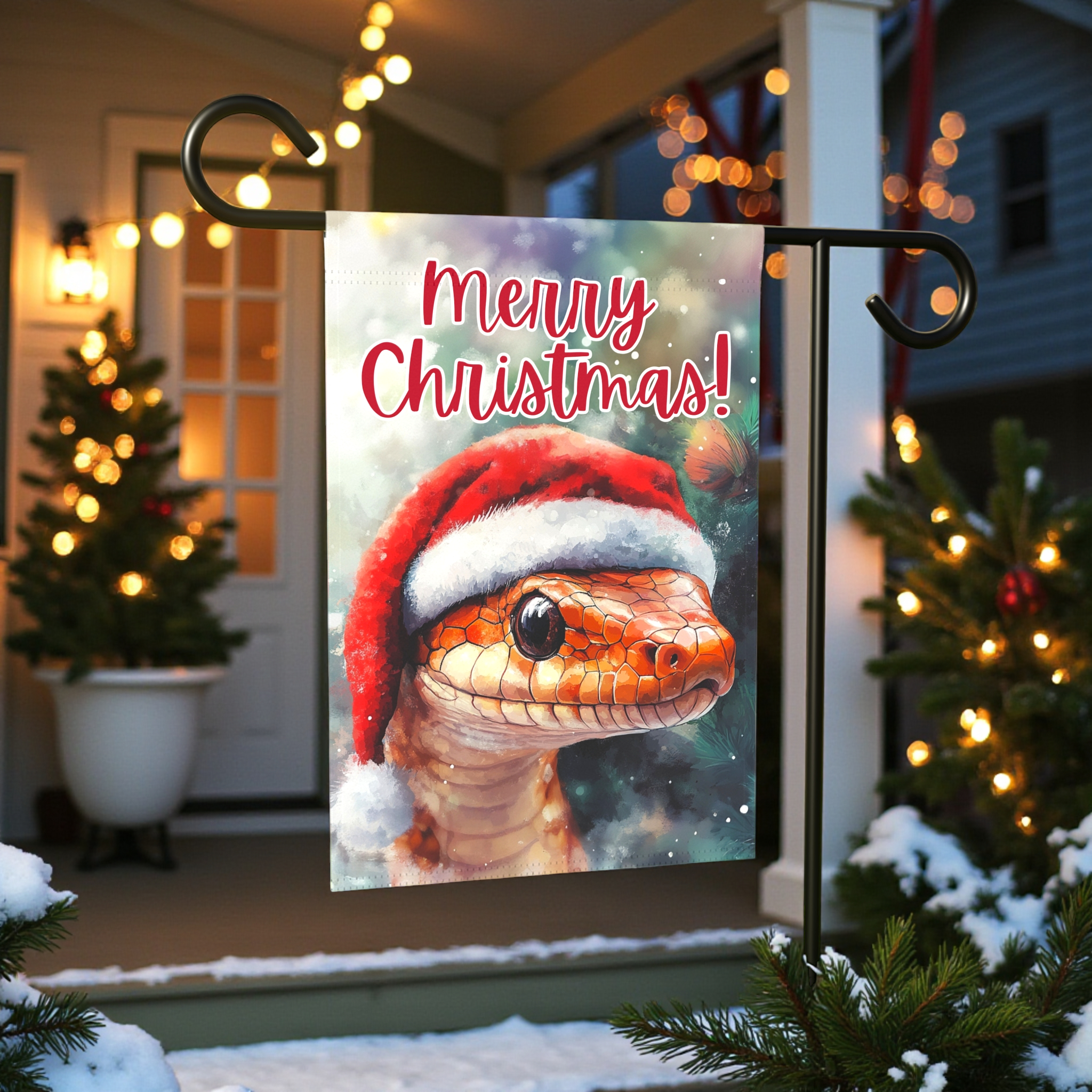 Merry Christmas Snake Garden Flag - front view - Dragonfire Gardens