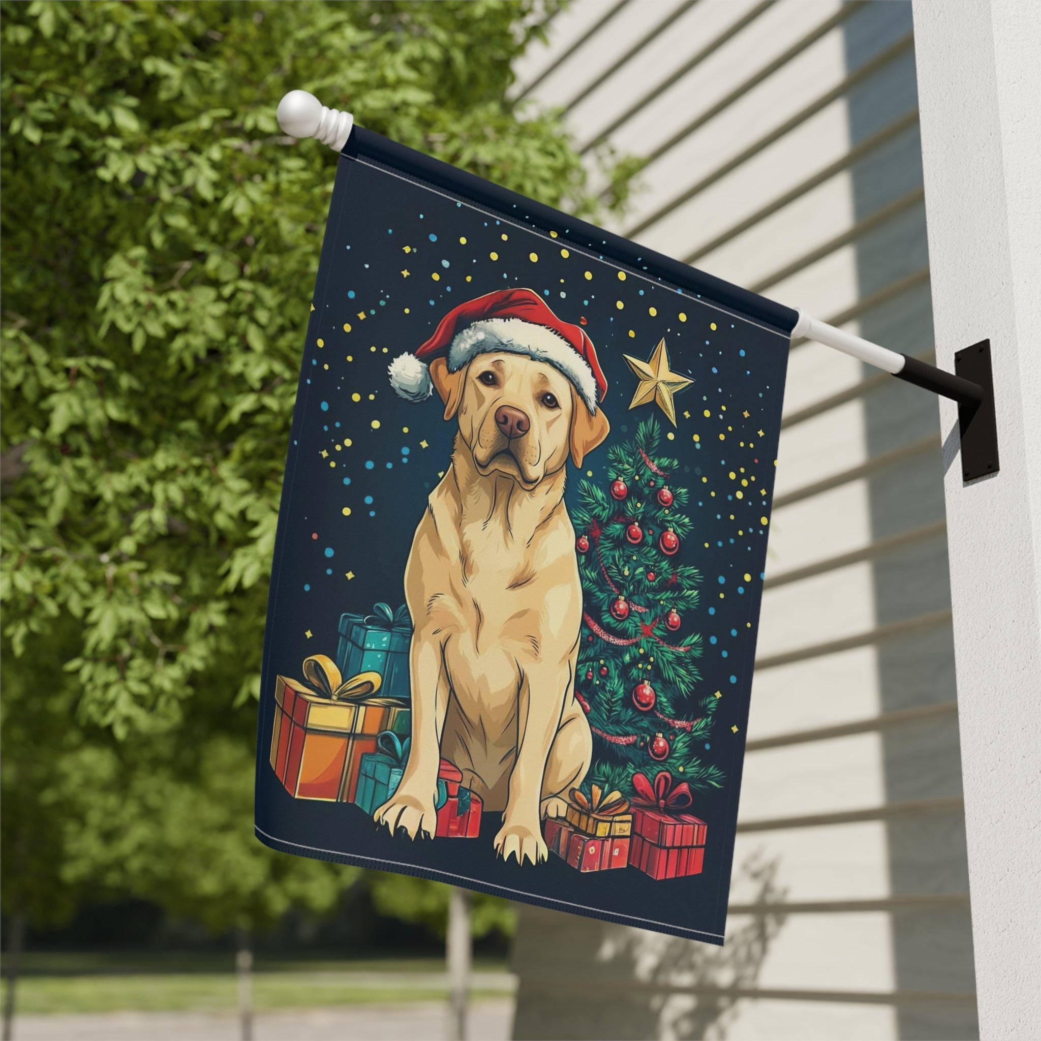 Christmas Labrador Retriever Garden Flag - close-up detail - Dragonfire Gardens