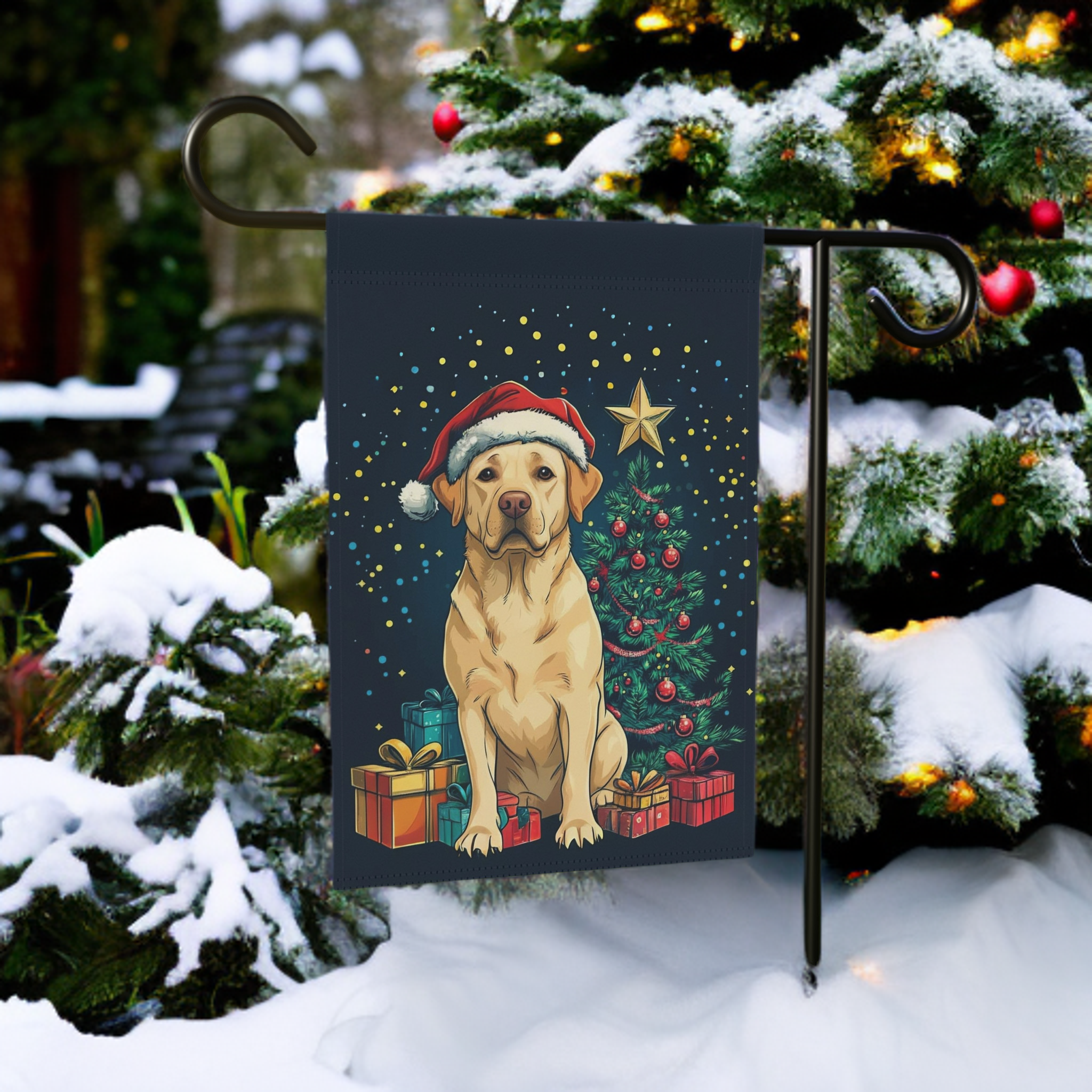 Christmas Labrador Retriever Garden Flag - lifestyle display - Dragonfire Gardens