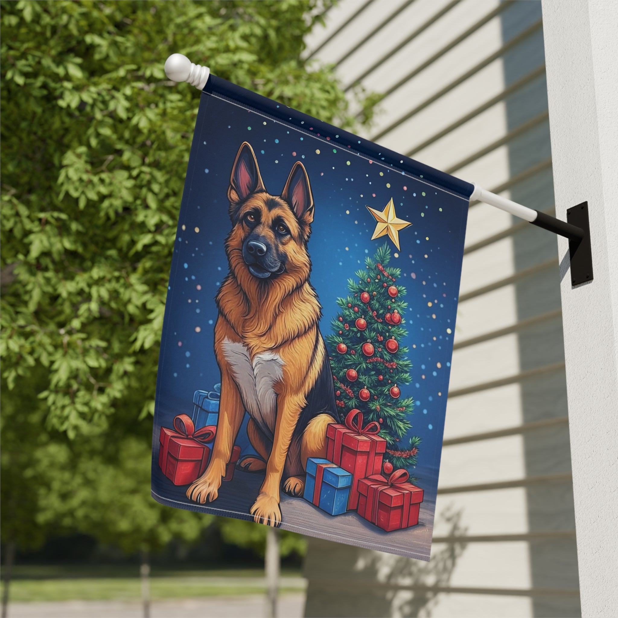Christmas German Shepherd Garden Flag - close-up detail - Dragonfire Gardens