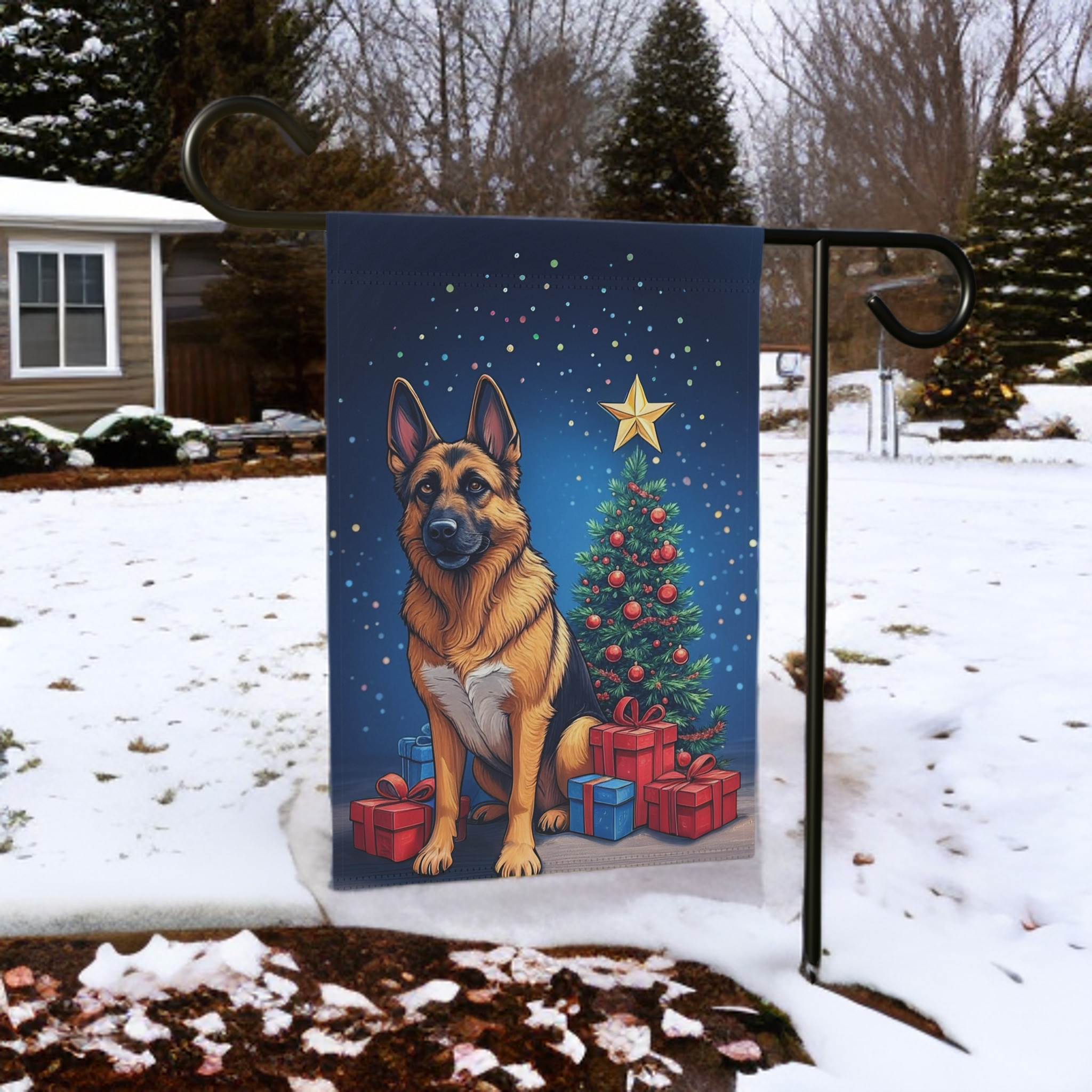 Christmas German Shepherd Garden Flag - size comparison - Dragonfire Gardens
