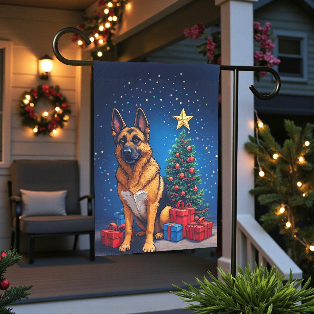 Christmas German Shepherd Garden Flag - lifestyle display - Dragonfire Gardens