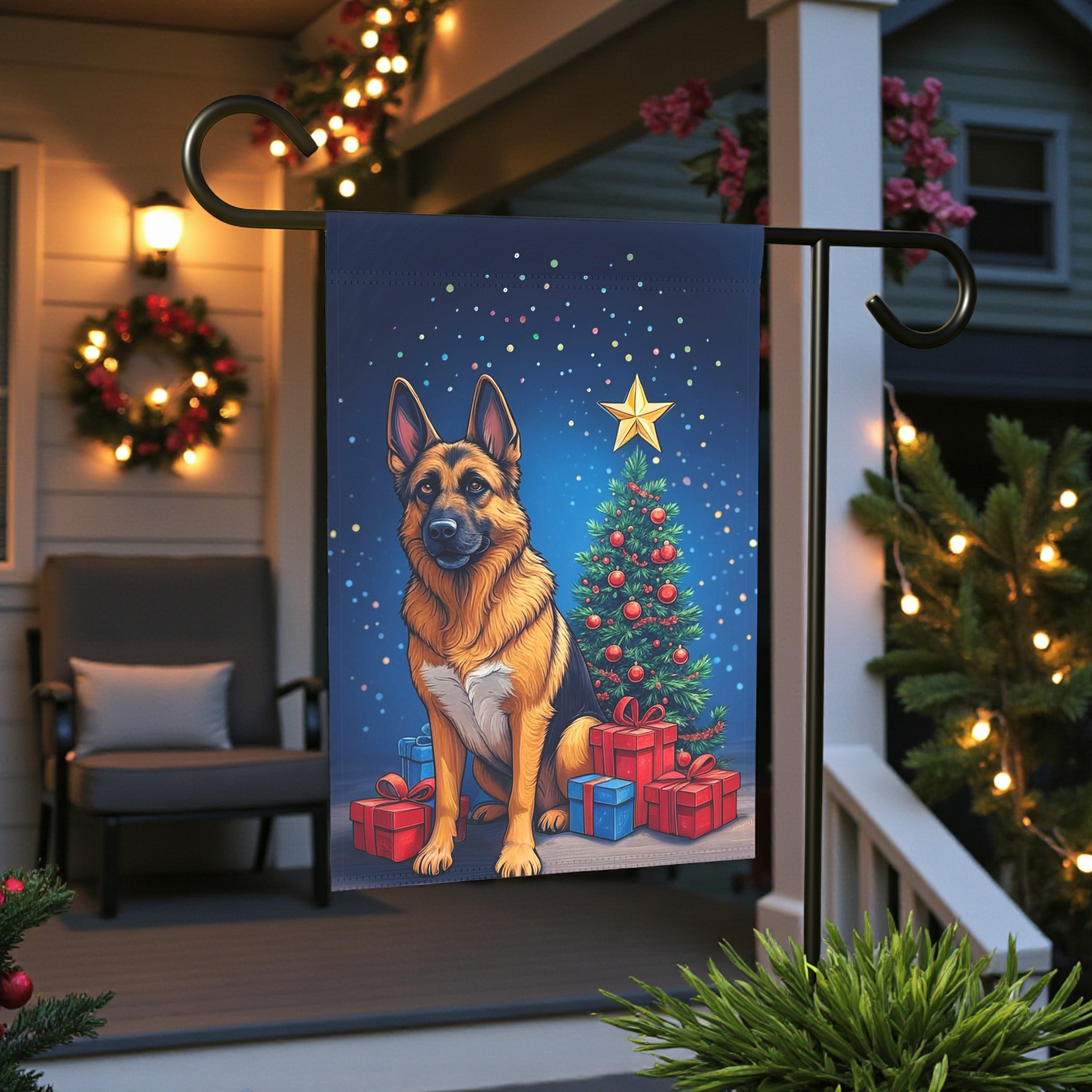 Christmas German Shepherd Garden Flag - lifestyle display - Dragonfire Gardens