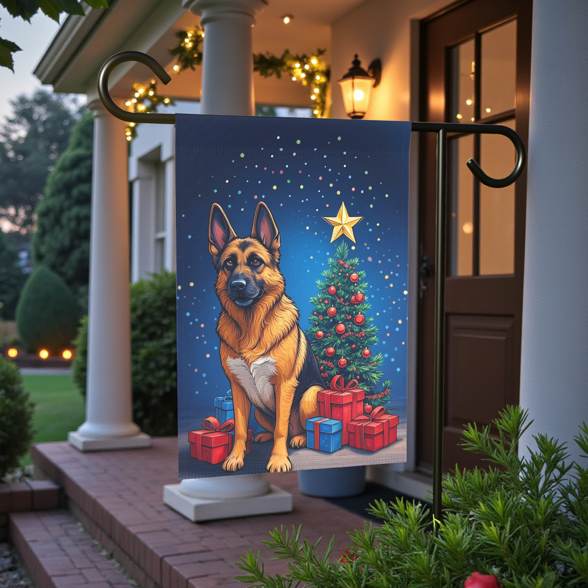 Christmas German Shepherd Garden Flag - front view - Dragonfire Gardens