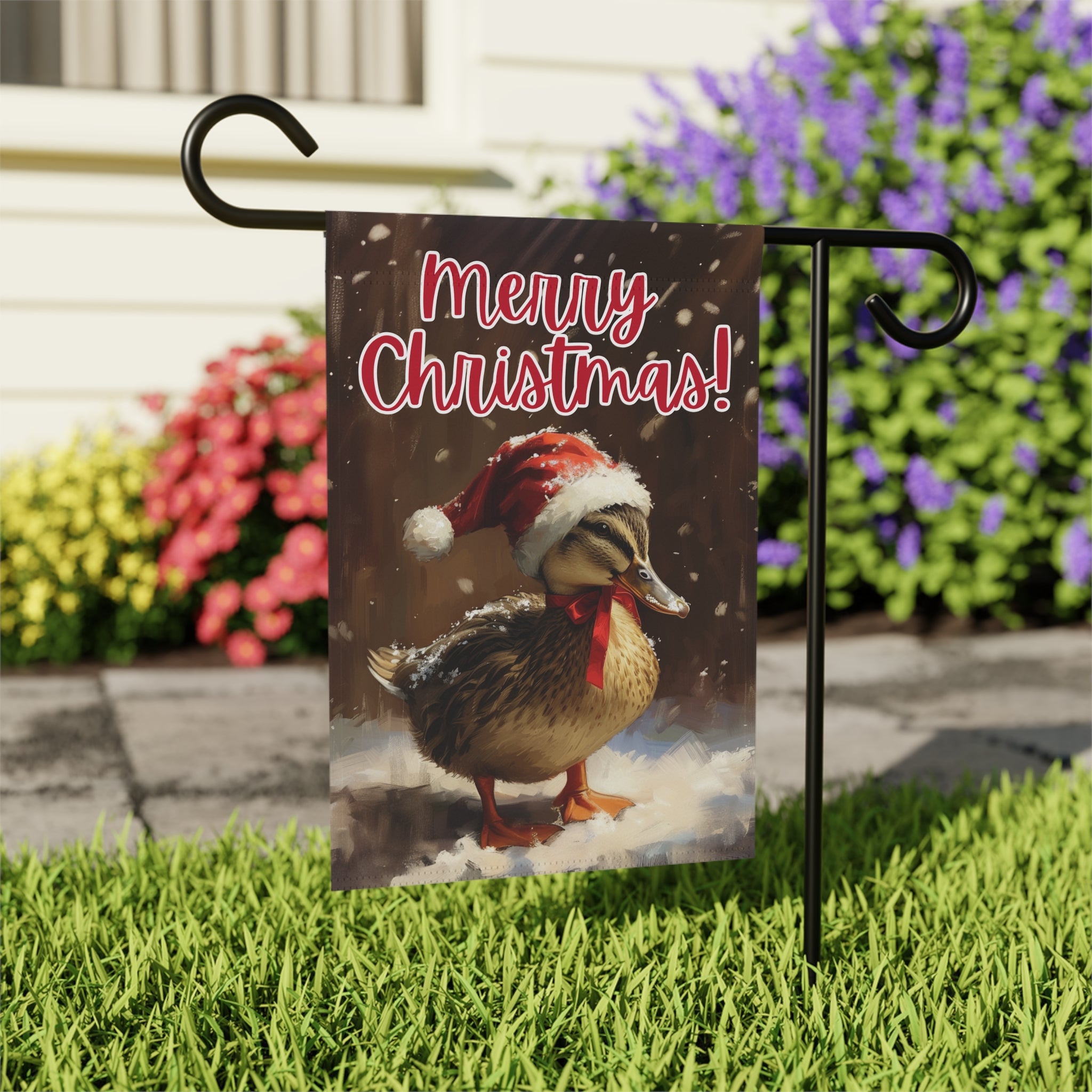 Merry Christmas Duckling Garden Flag - outdoor display - Dragonfire Gardens