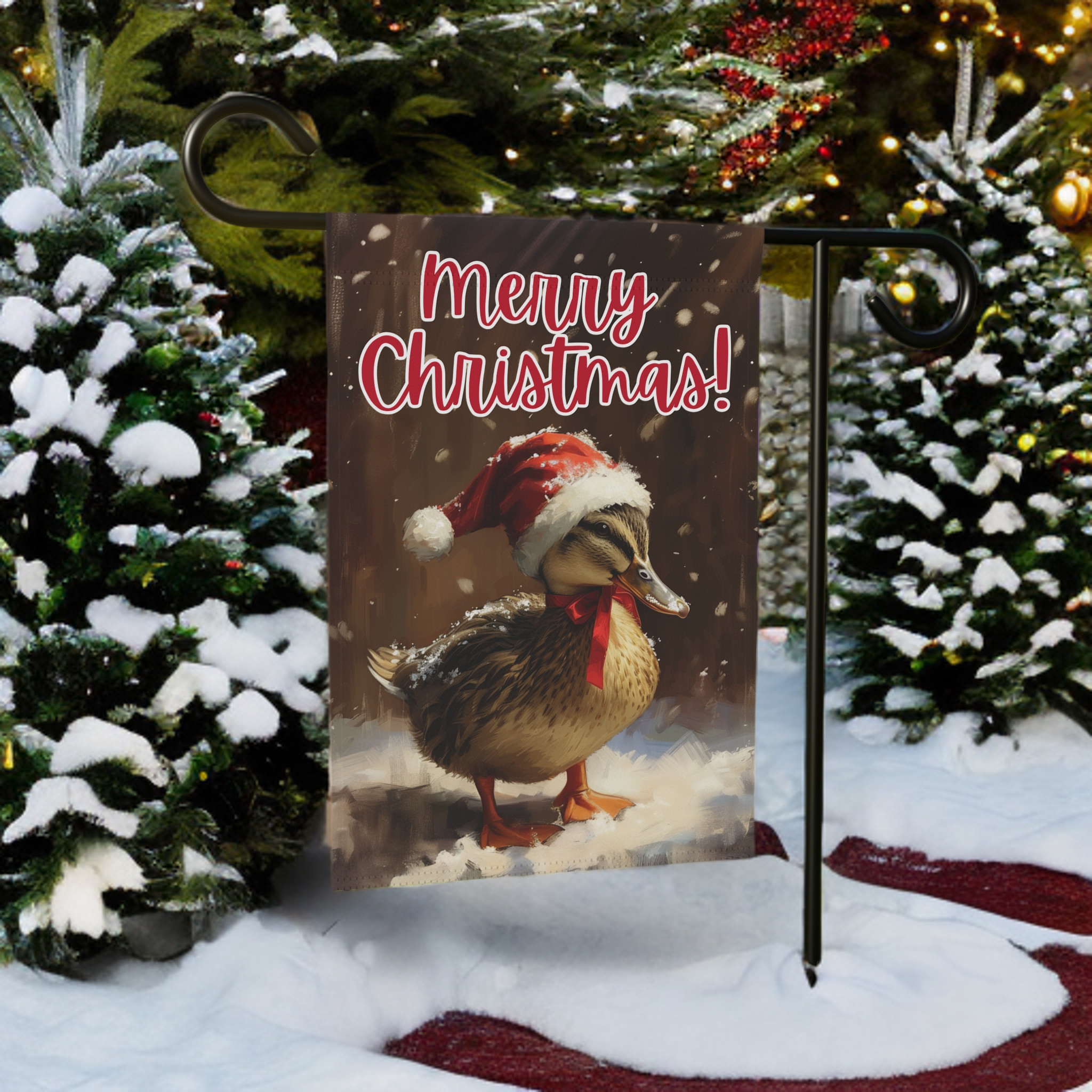 Merry Christmas Duckling Garden Flag - size comparison - Dragonfire Gardens