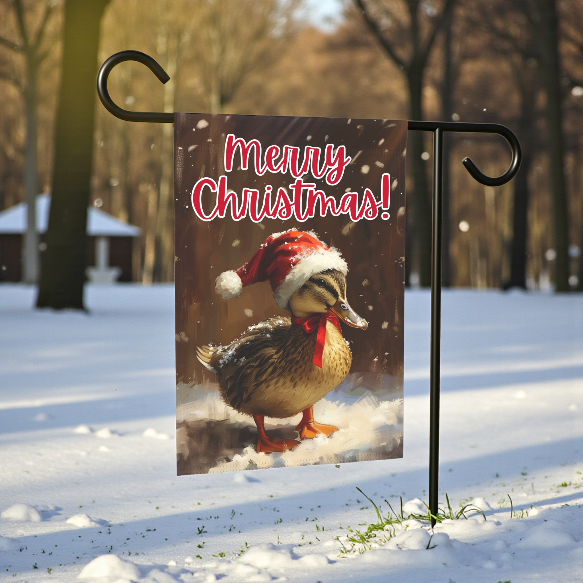 Merry Christmas Duckling Garden Flag - front view - Dragonfire Gardens