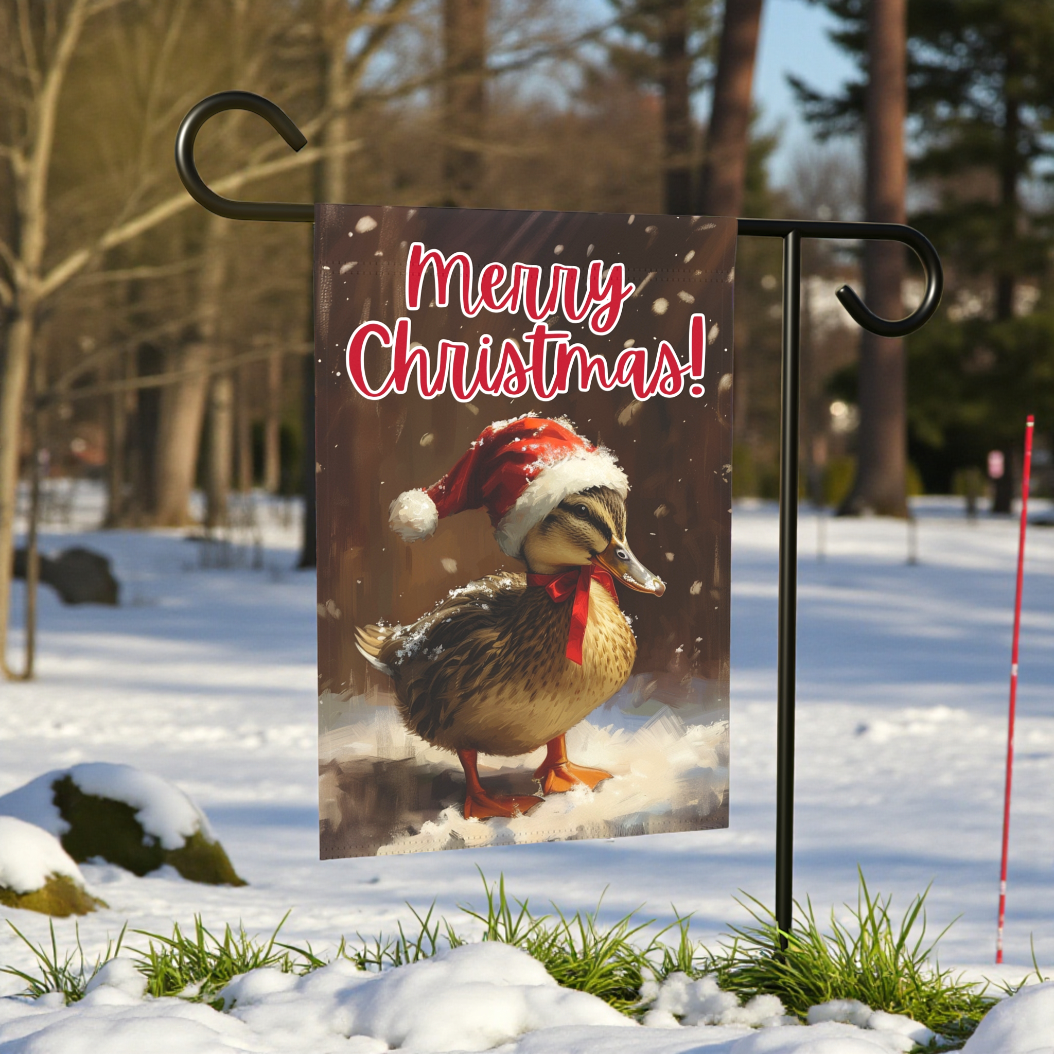 Merry Christmas Duckling Garden Flag - lifestyle display - Dragonfire Gardens