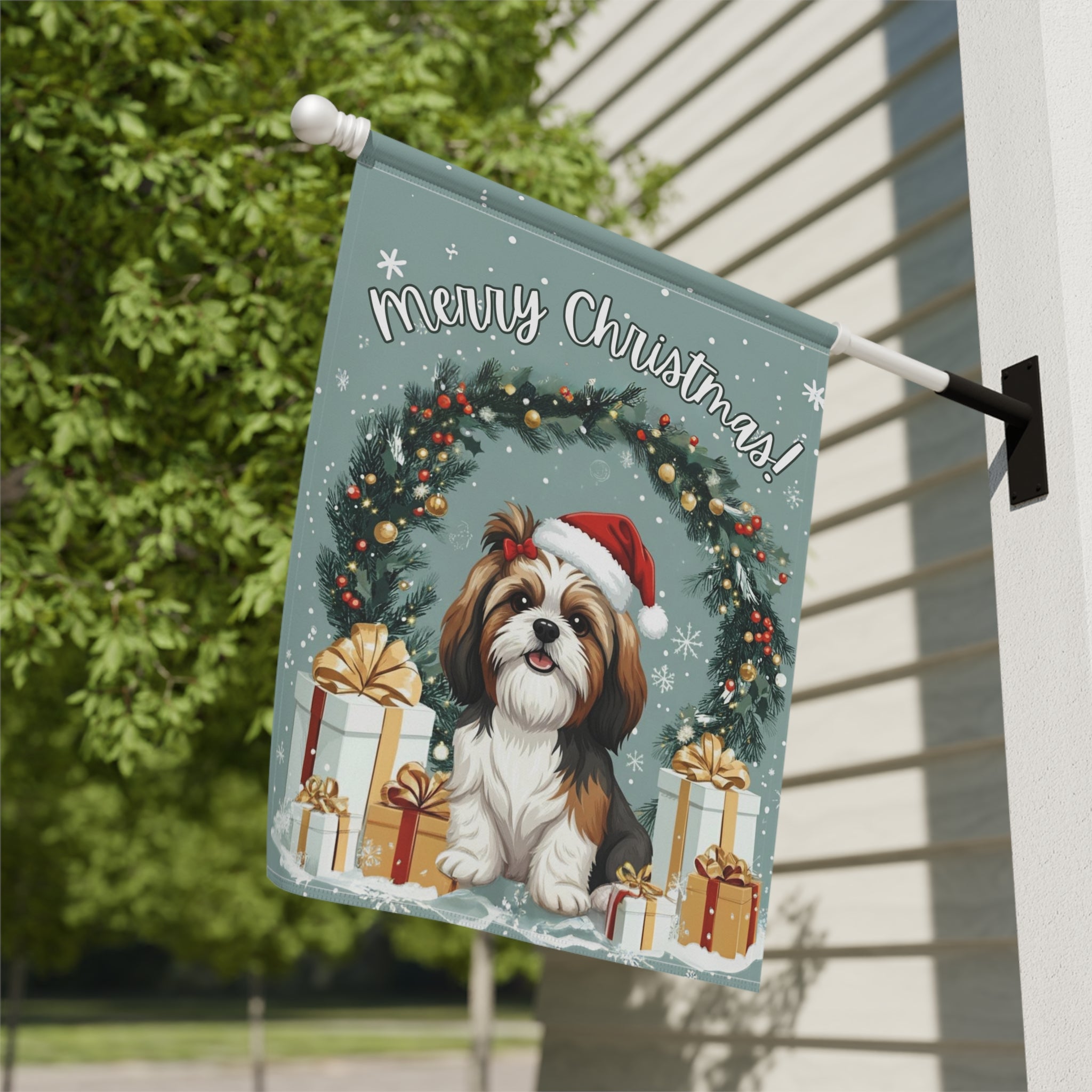 Merry Christmas Shih Tzu Garden Flag - close-up detail - Dragonfire Gardens
