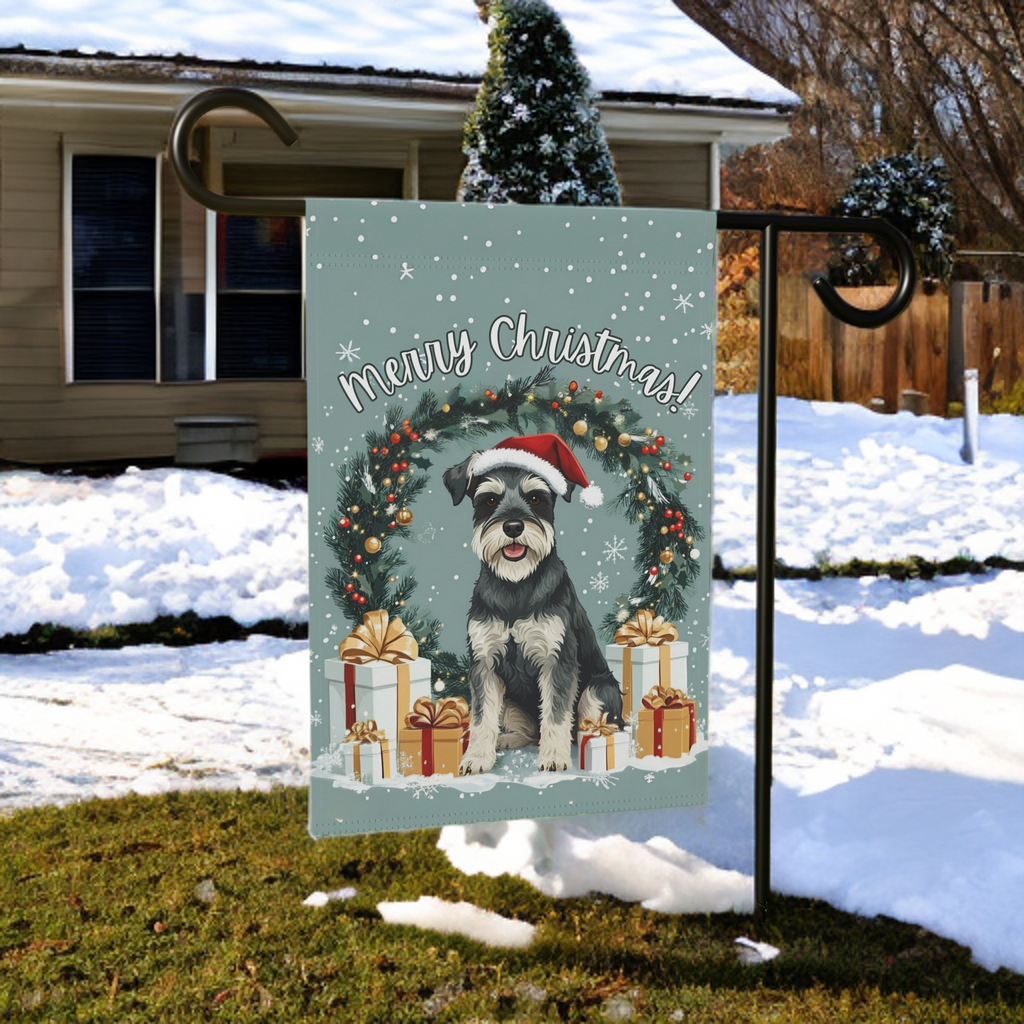 Merry Christmas Schnauzer Garden Flag - size comparison - Dragonfire Gardens