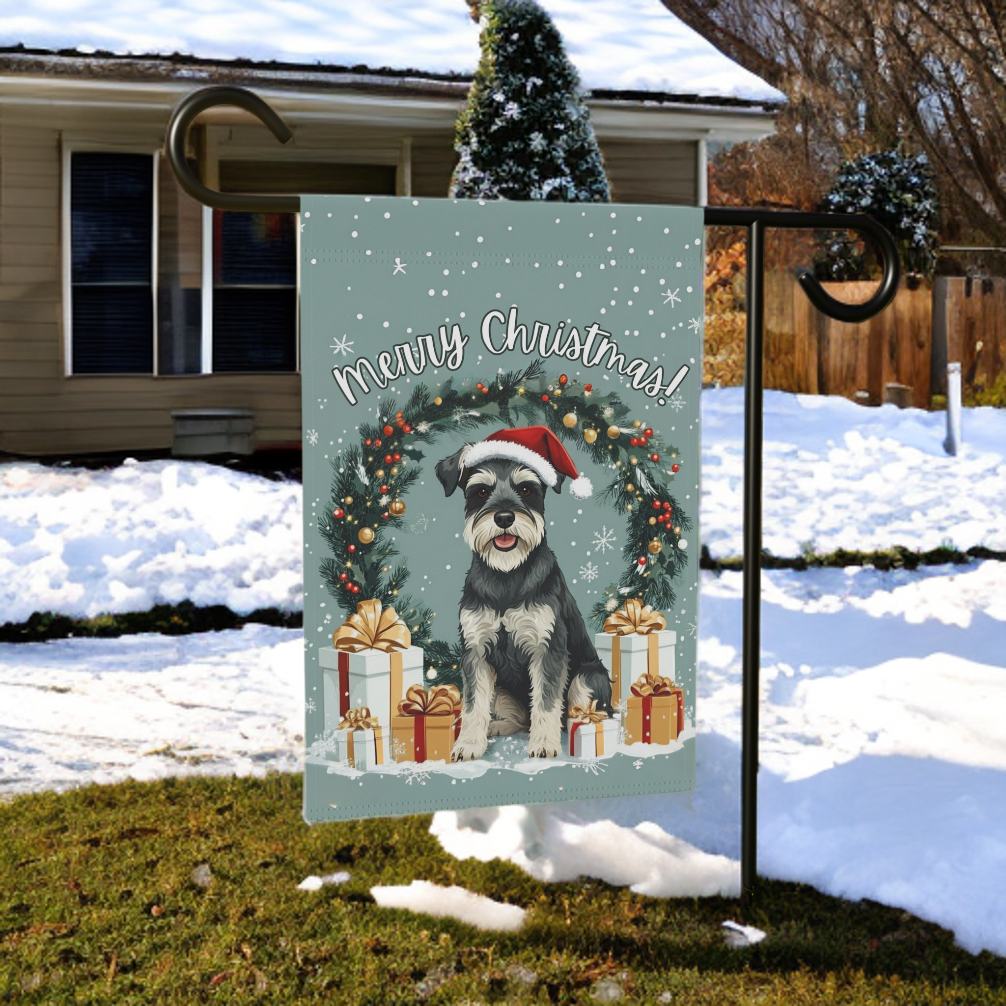 Merry Christmas Schnauzer Garden Flag - size comparison - Dragonfire Gardens