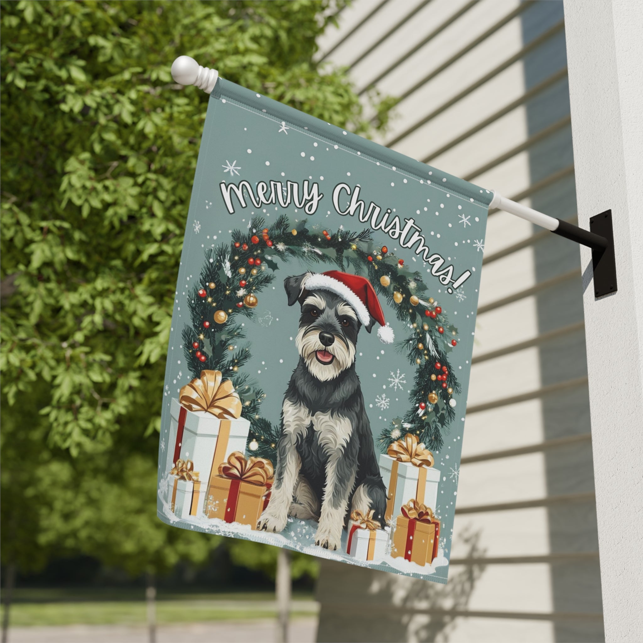Merry Christmas Schnauzer Garden Flag - close-up detail - Dragonfire Gardens