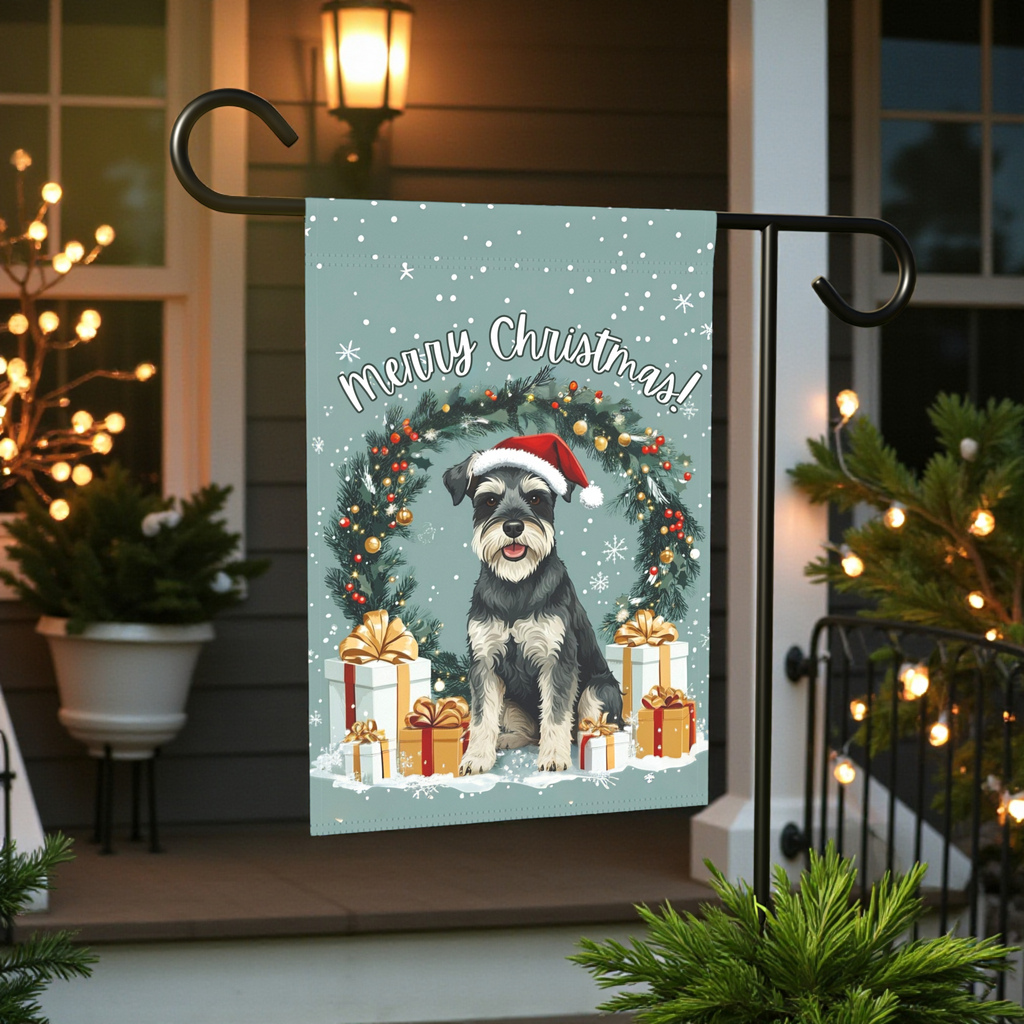 Merry Christmas Schnauzer Garden Flag - front view - Dragonfire Gardens