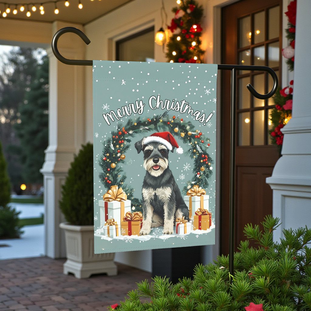 Merry Christmas Schnauzer Garden Flag - lifestyle display - Dragonfire Gardens