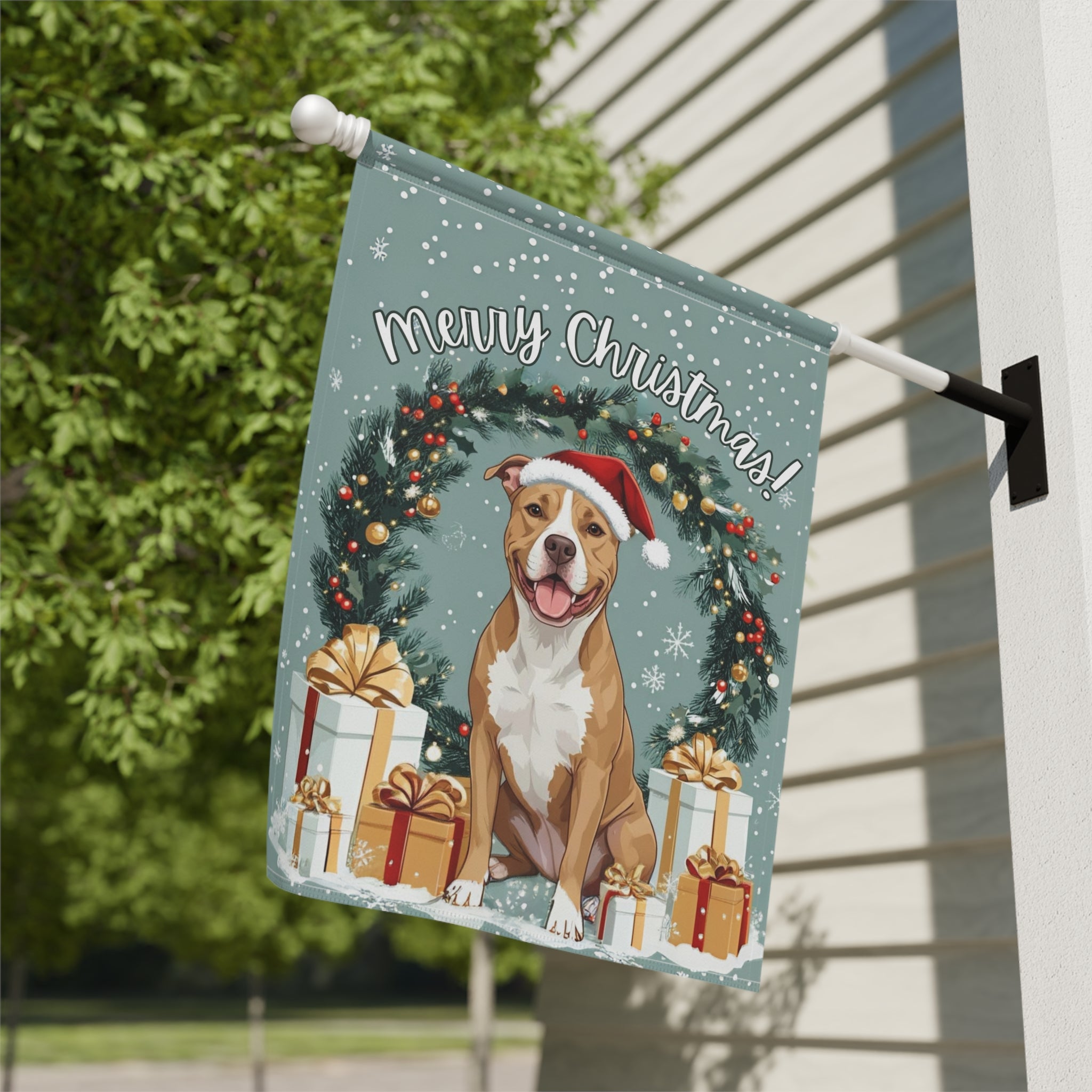 Merry Christmas Pitbull Garden Flag - close-up detail - Dragonfire Gardens