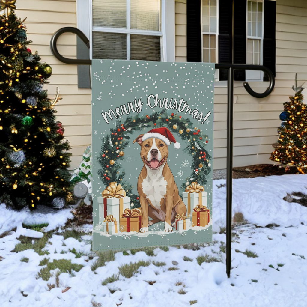 Merry Christmas Pitbull Garden Flag - size comparison - Dragonfire Gardens