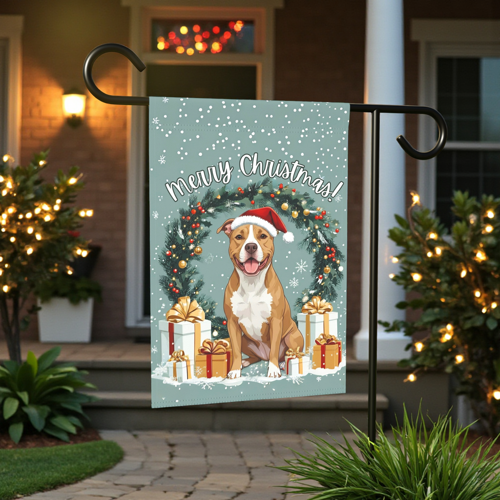 Merry Christmas Pitbull Garden Flag - front view - Dragonfire Gardens