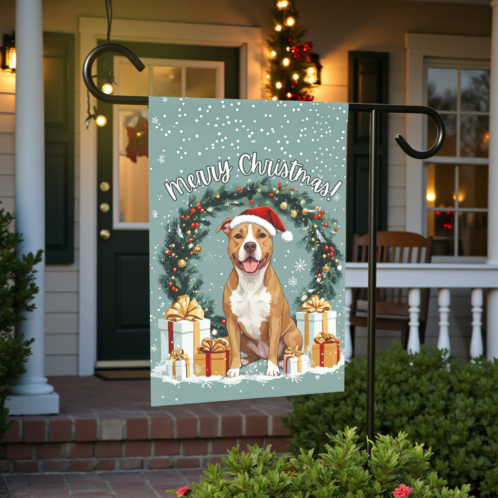 Merry Christmas Pitbull Garden Flag - lifestyle display - Dragonfire Gardens