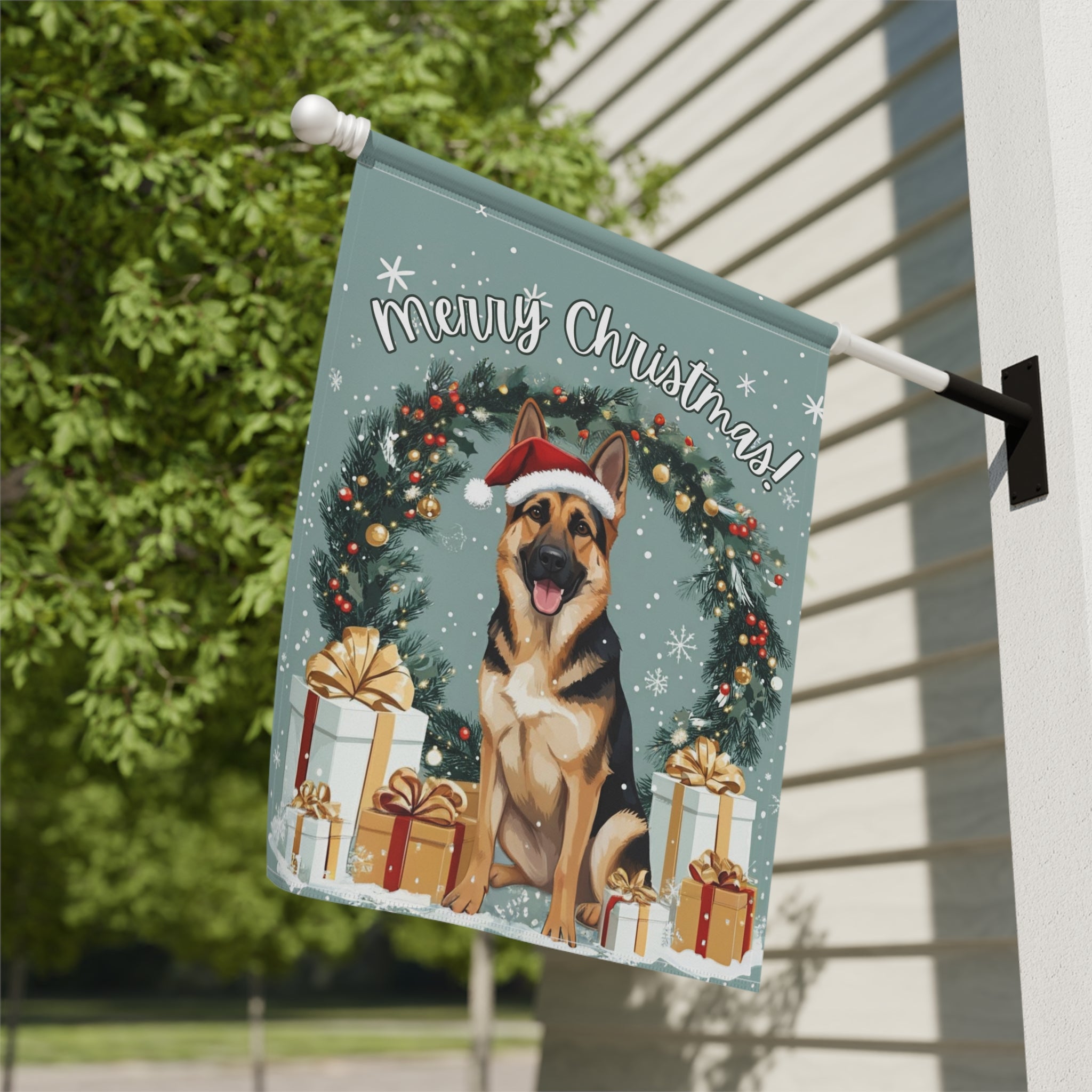 Merry Christmas German Shepherd Garden Flag - close-up detail - Dragonfire Gardens