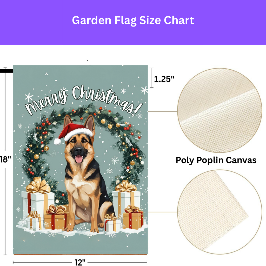 Merry Christmas German Shepherd Garden Flag - size comparison - Dragonfire Gardens
