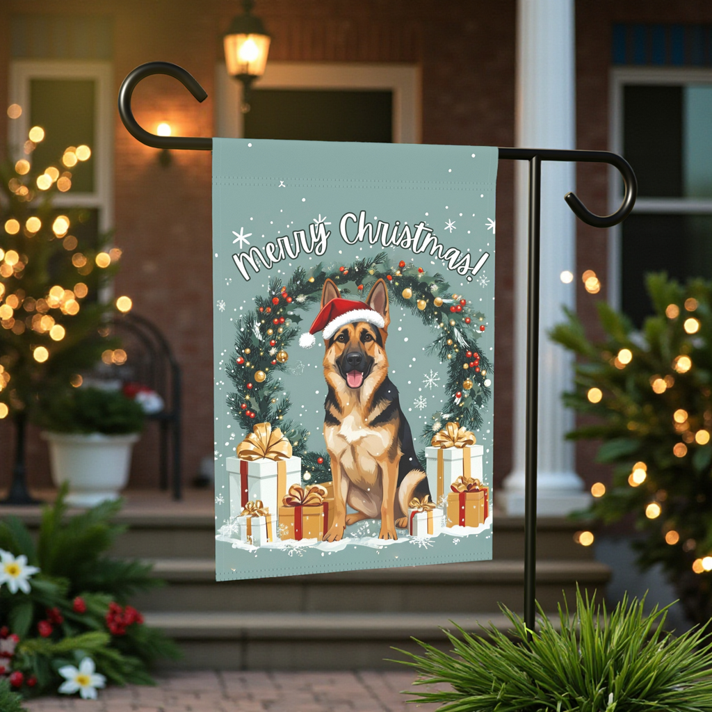 Merry Christmas German Shepherd Garden Flag - front view - Dragonfire Gardens