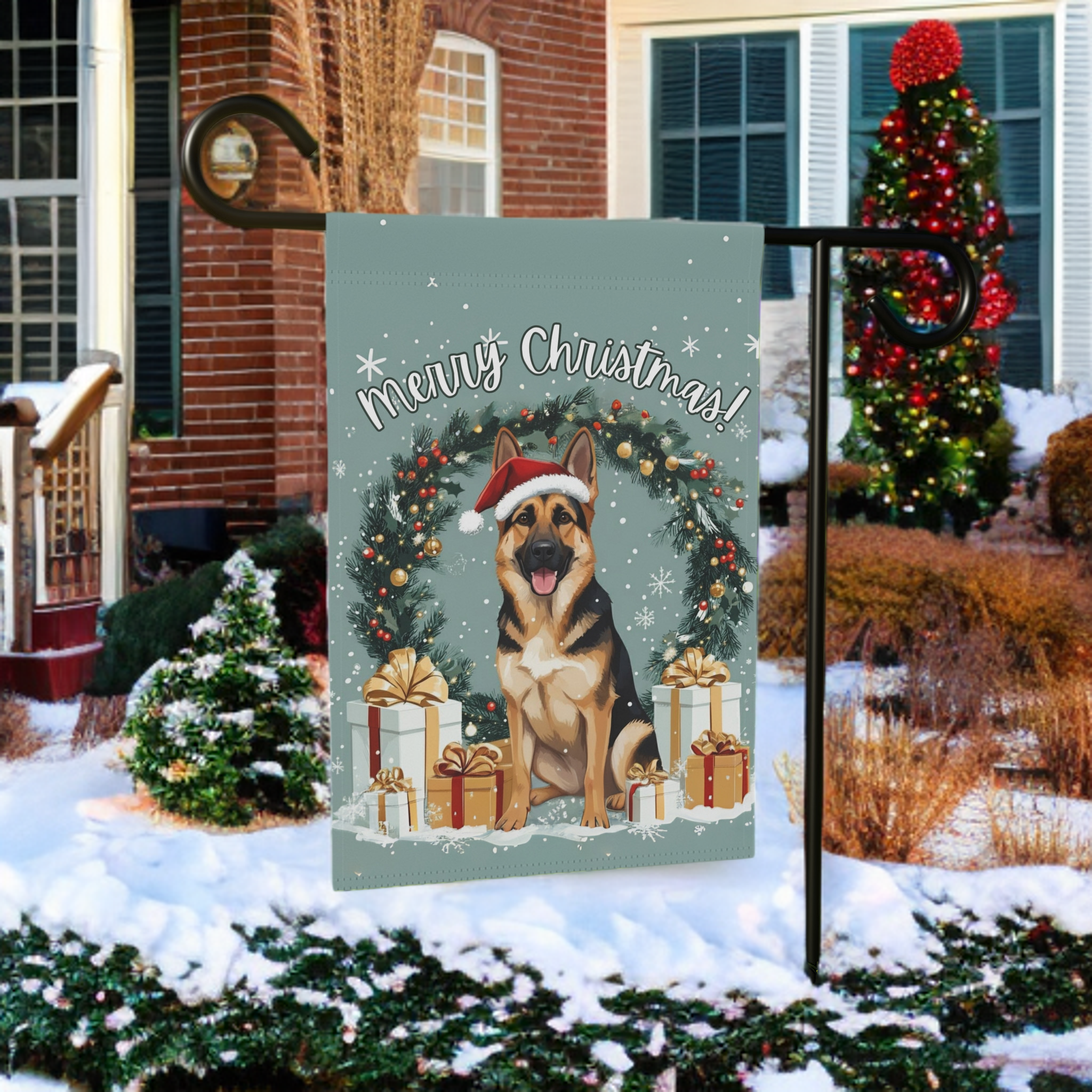 Merry Christmas German Shepherd Garden Flag - porch decor - Dragonfire Gardens