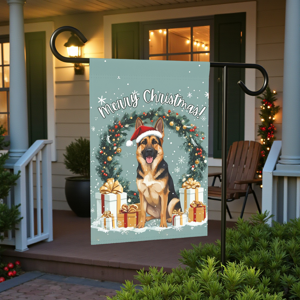 Merry Christmas German Shepherd Garden Flag - lifestyle display - Dragonfire Gardens