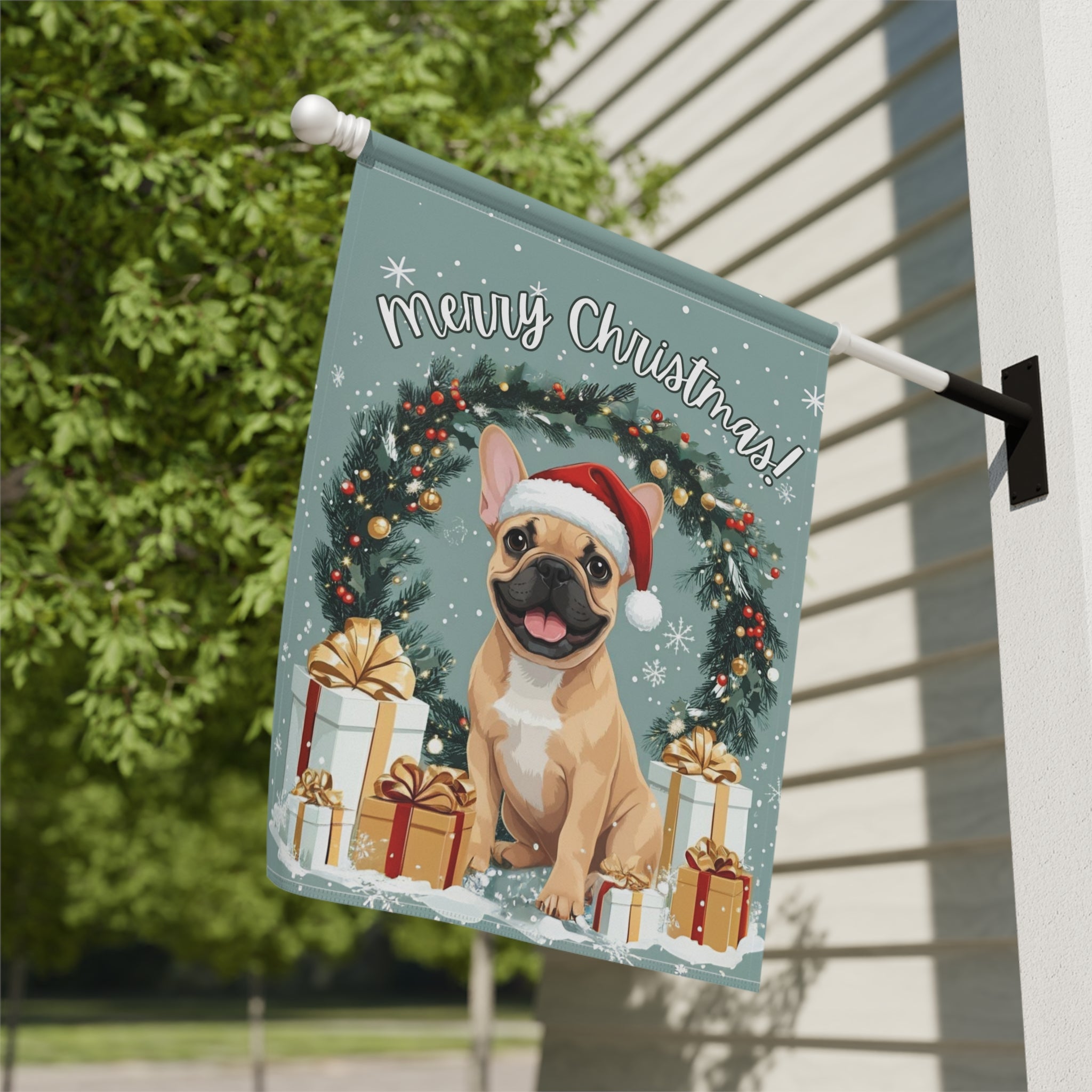 Merry Christmas French Bulldog Garden Flag - close-up detail - Dragonfire Gardens