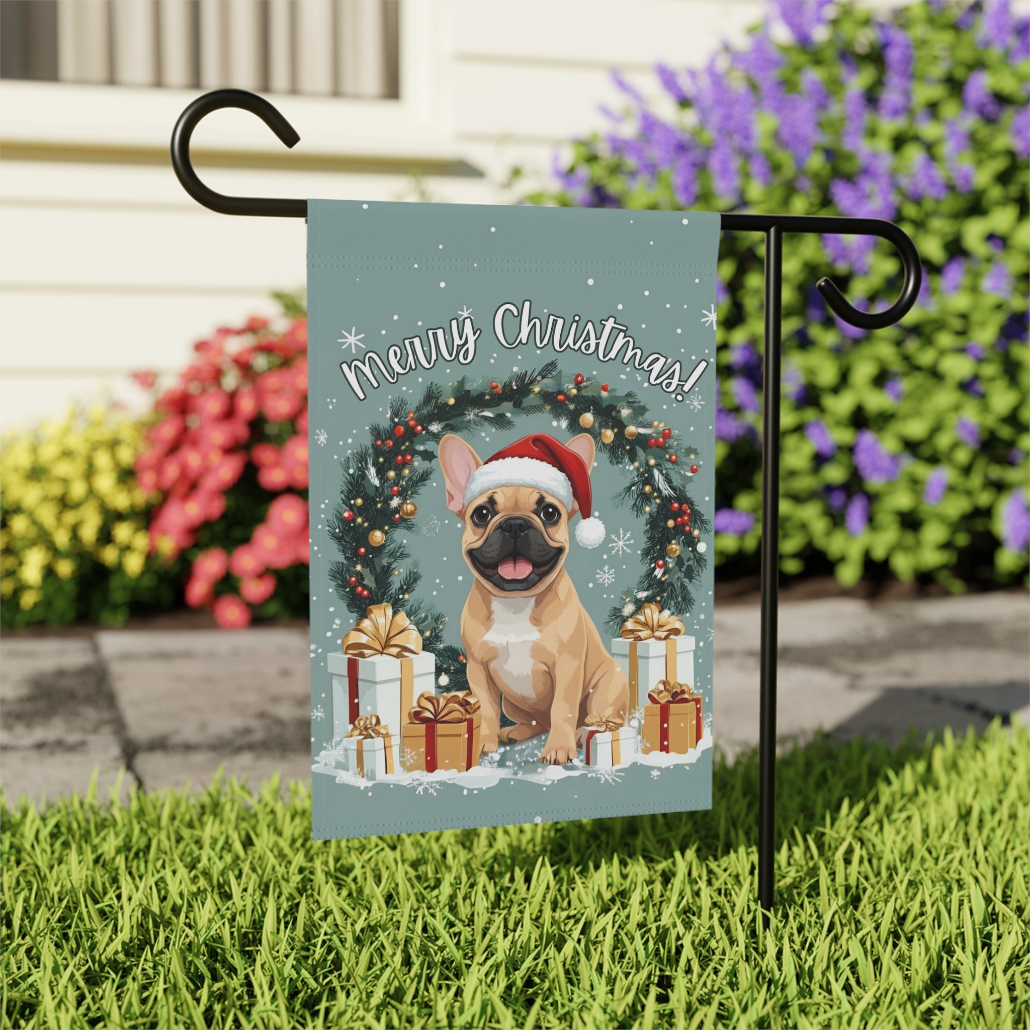 Merry Christmas French Bulldog Garden Flag - outdoor display - Dragonfire Gardens