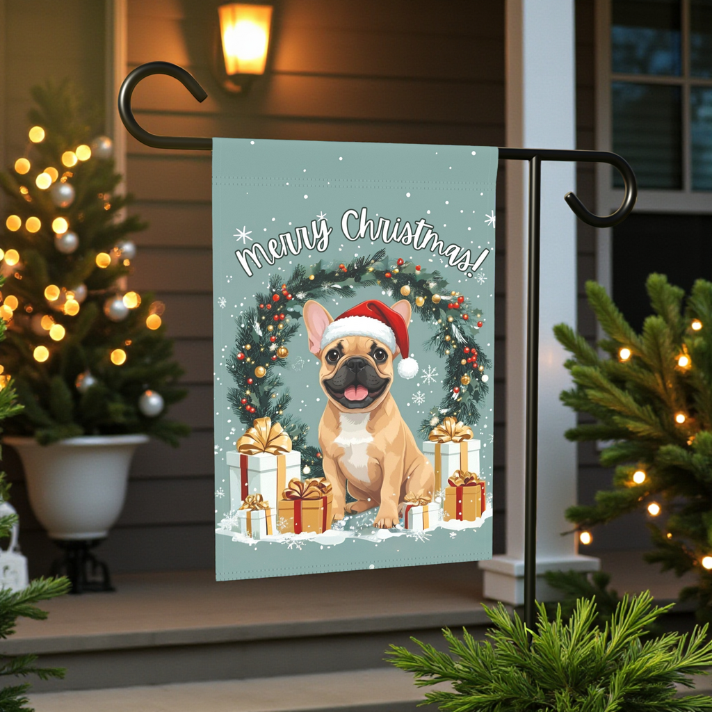 Merry Christmas French Bulldog Garden Flag - front view - Dragonfire Gardens