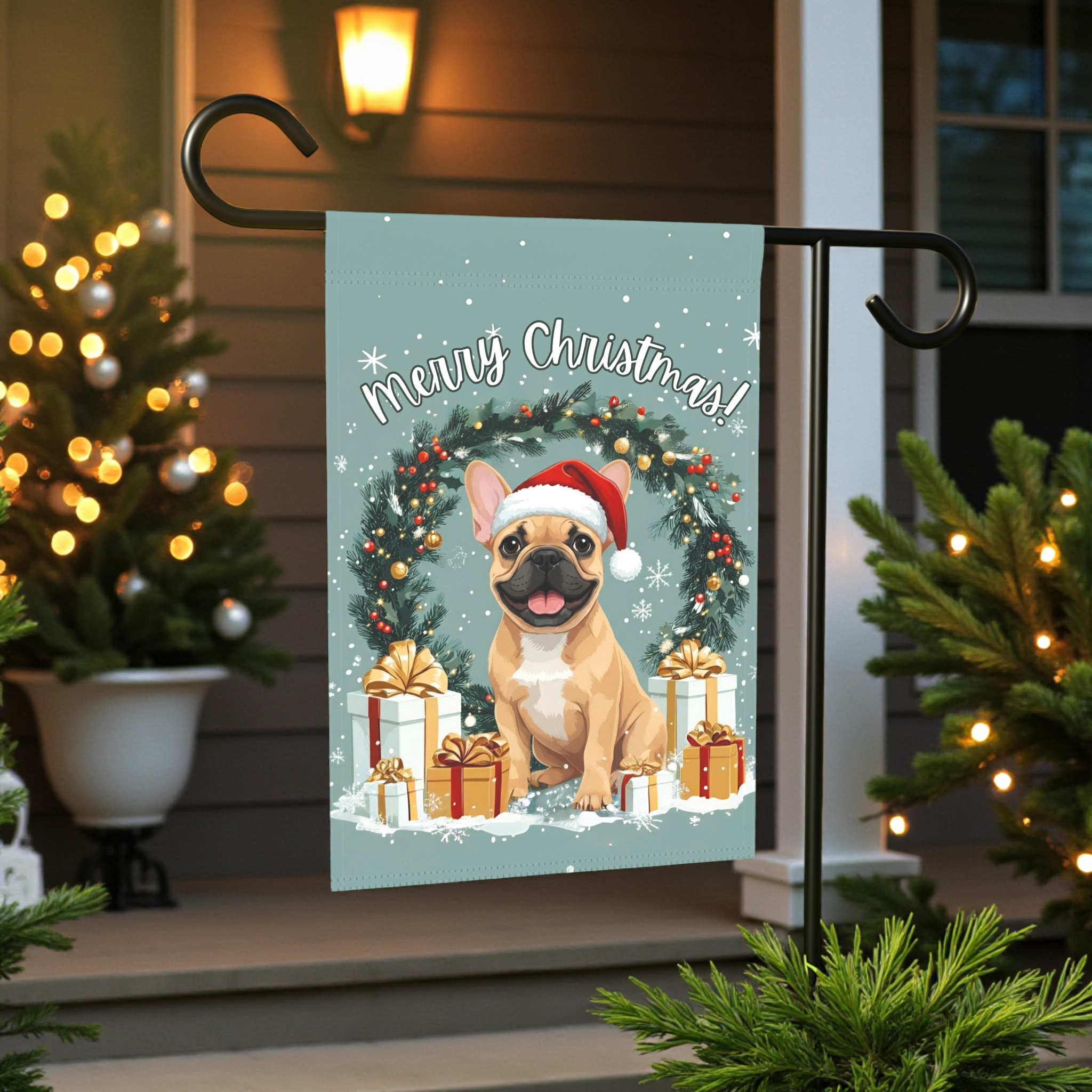 Merry Christmas French Bulldog Garden Flag - front view - Dragonfire Gardens