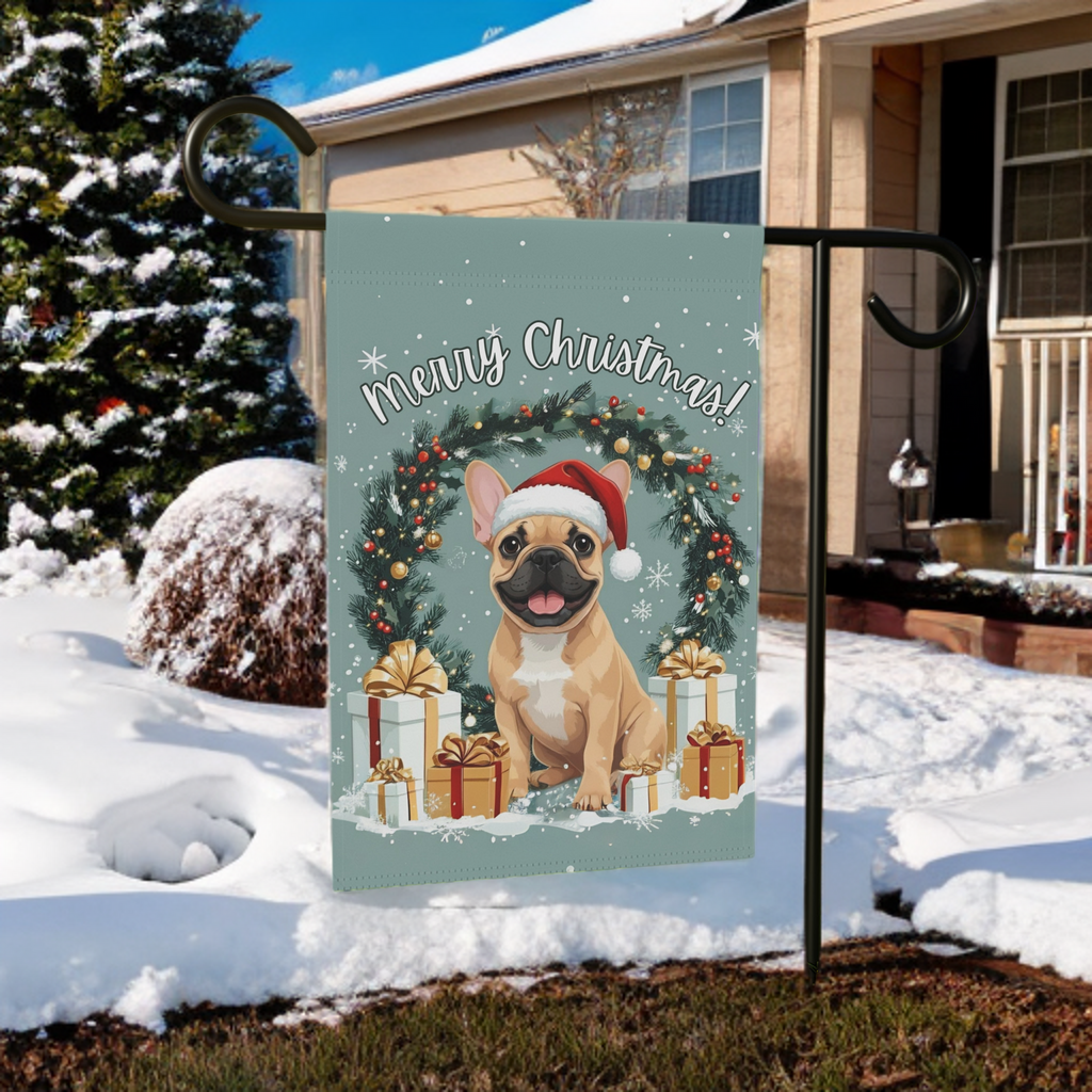 Merry Christmas French Bulldog Garden Flag - lifestyle display - Dragonfire Gardens
