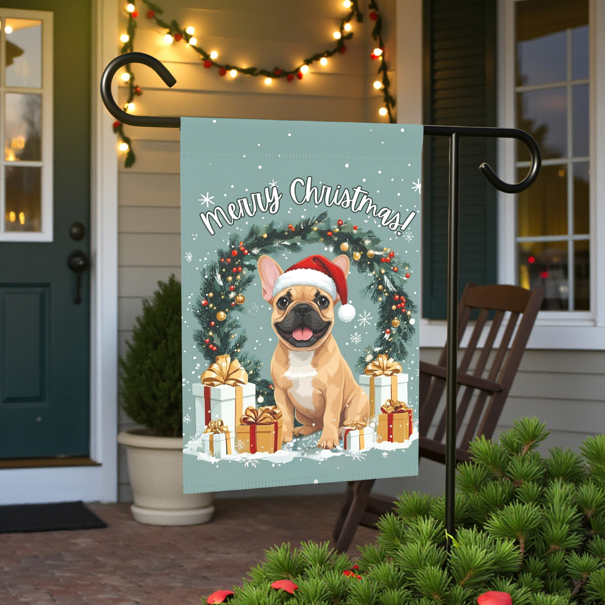 Merry Christmas French Bulldog Garden Flag - size comparison - Dragonfire Gardens