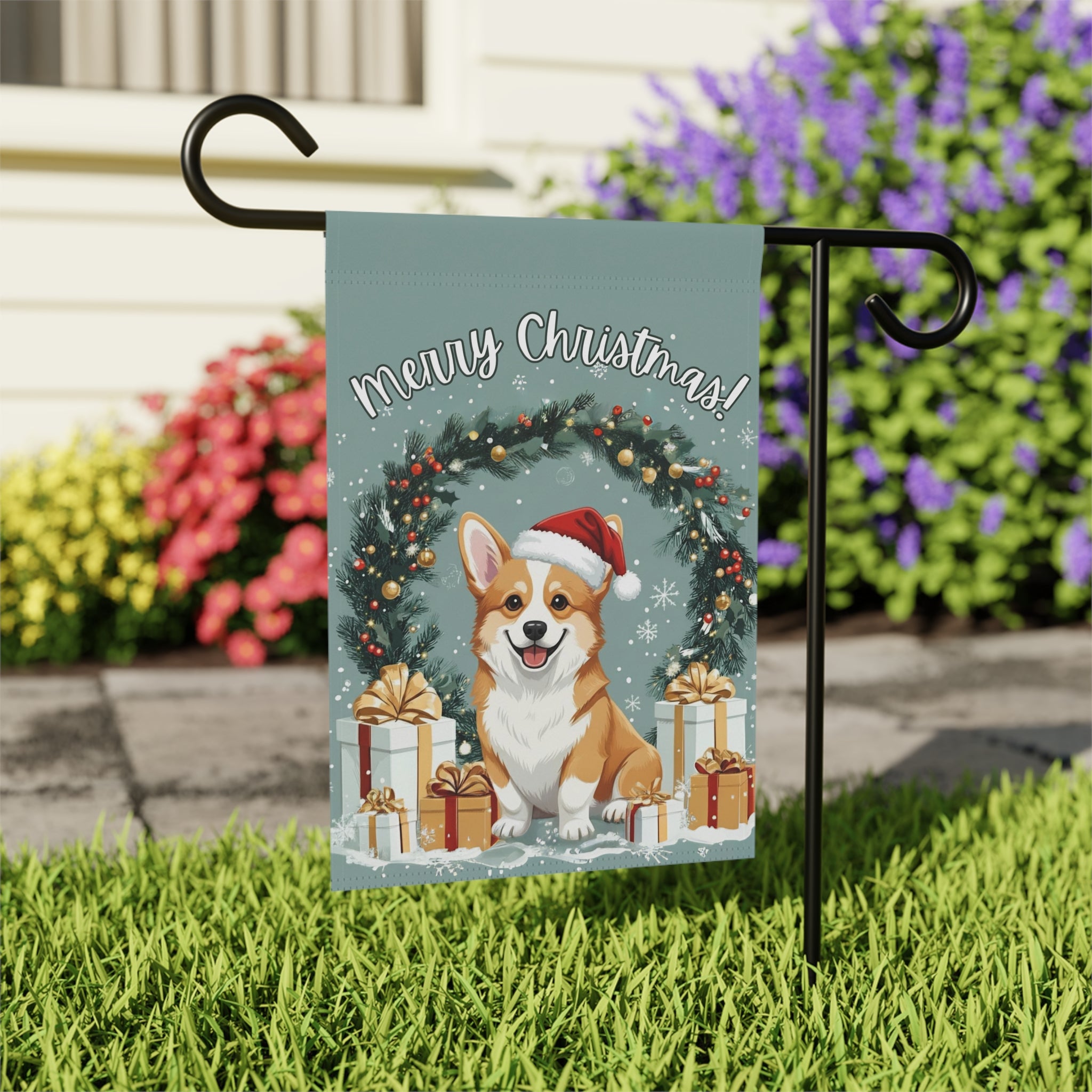 Merry Christmas Corgi Garden Flag - outdoor display - Dragonfire Gardens