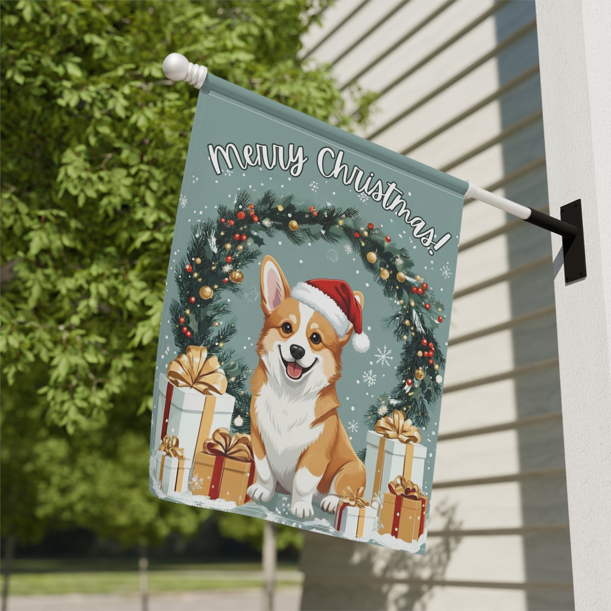 Merry Christmas Corgi Garden Flag - close-up detail - Dragonfire Gardens