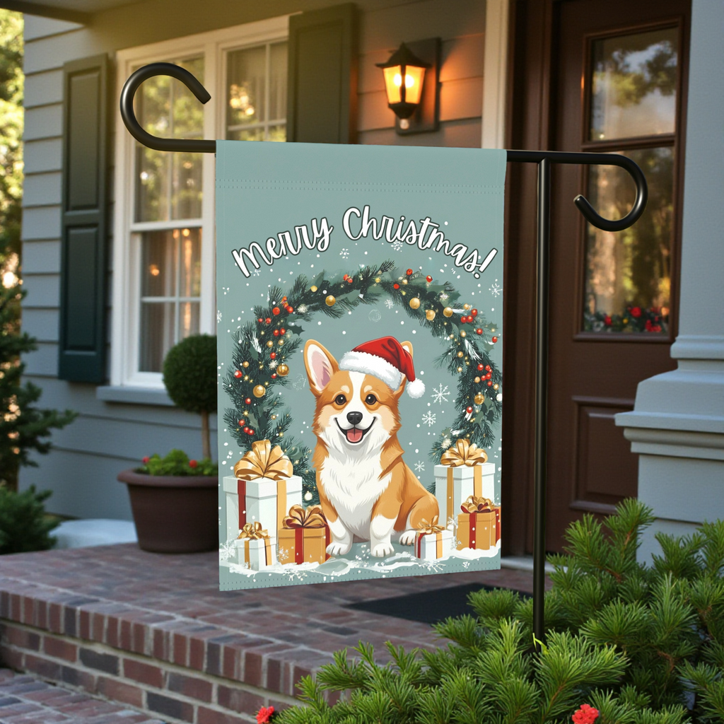 Merry Christmas Corgi Garden Flag - size comparison - Dragonfire Gardens