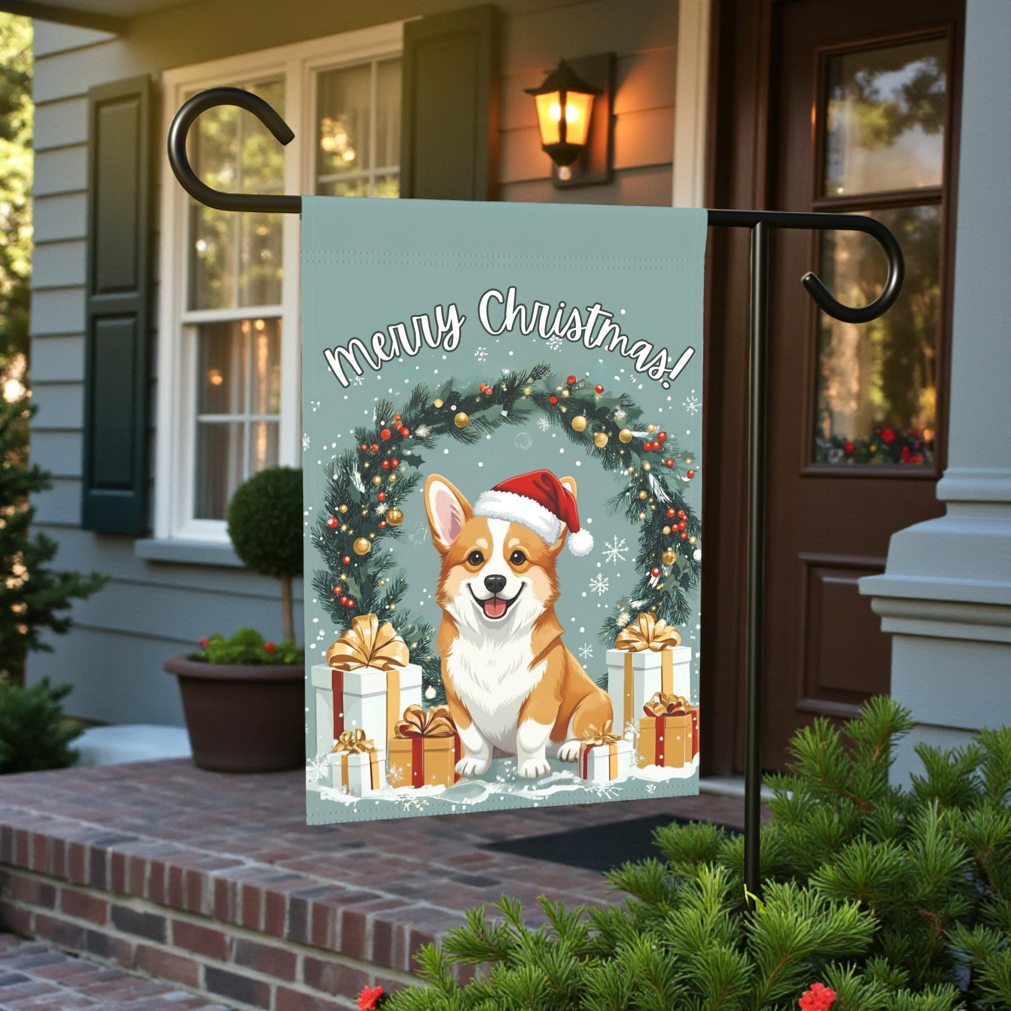 Merry Christmas Corgi Garden Flag - size comparison - Dragonfire Gardens