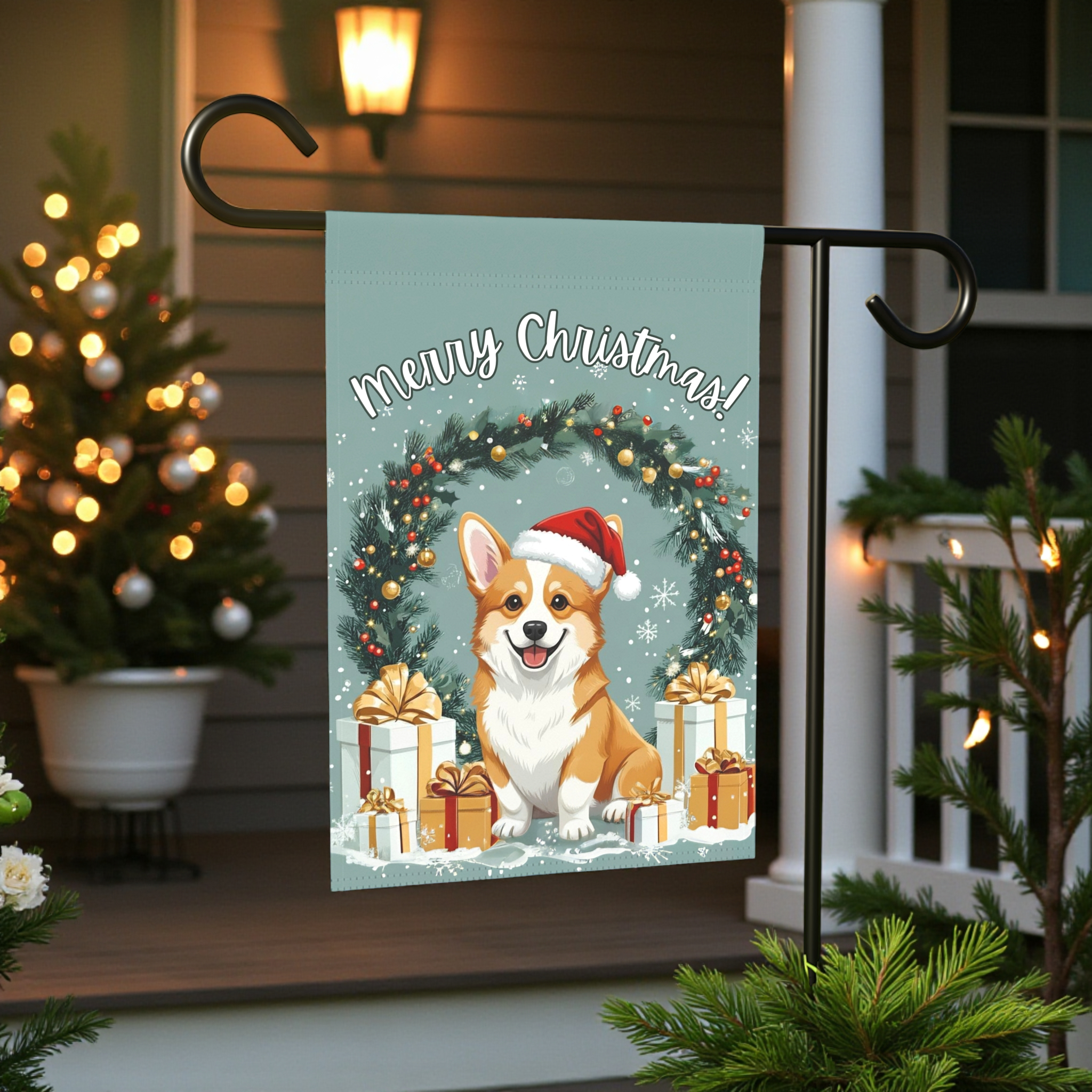 Merry Christmas Corgi Garden Flag - front view - Dragonfire Gardens