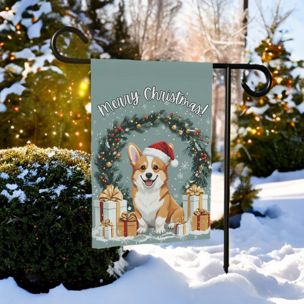 Merry Christmas Corgi Garden Flag - lifestyle display - Dragonfire Gardens