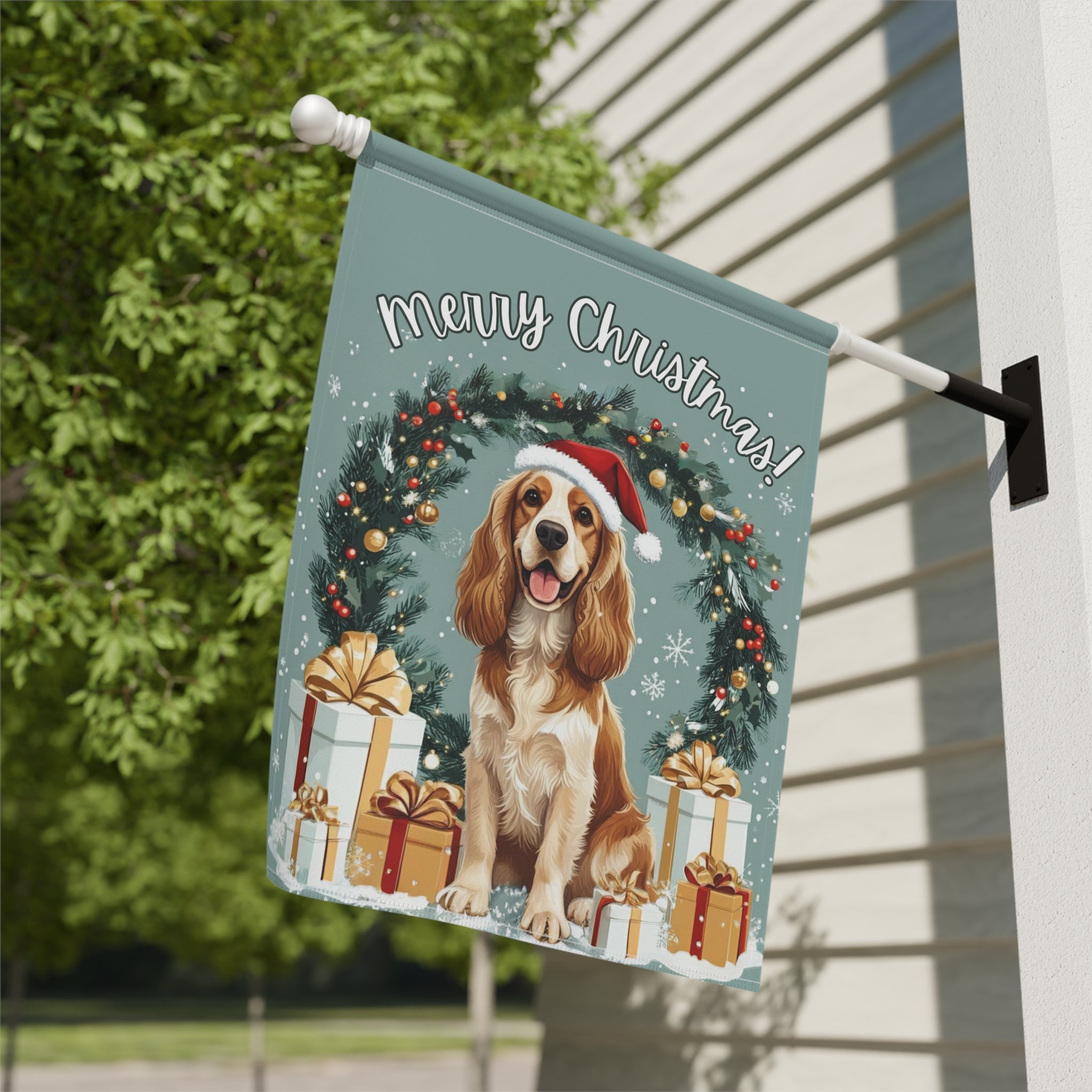 Merry Christmas Cocker Spaniel Garden Flag - close-up detail - Dragonfire Gardens
