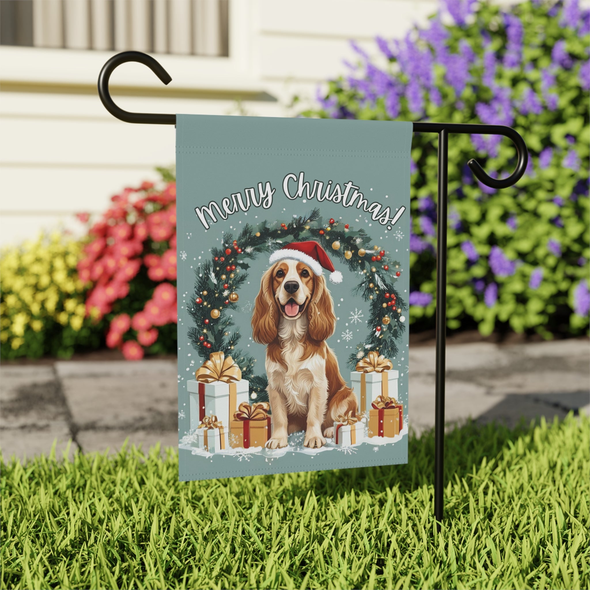 Merry Christmas Cocker Spaniel Garden Flag - outdoor display - Dragonfire Gardens