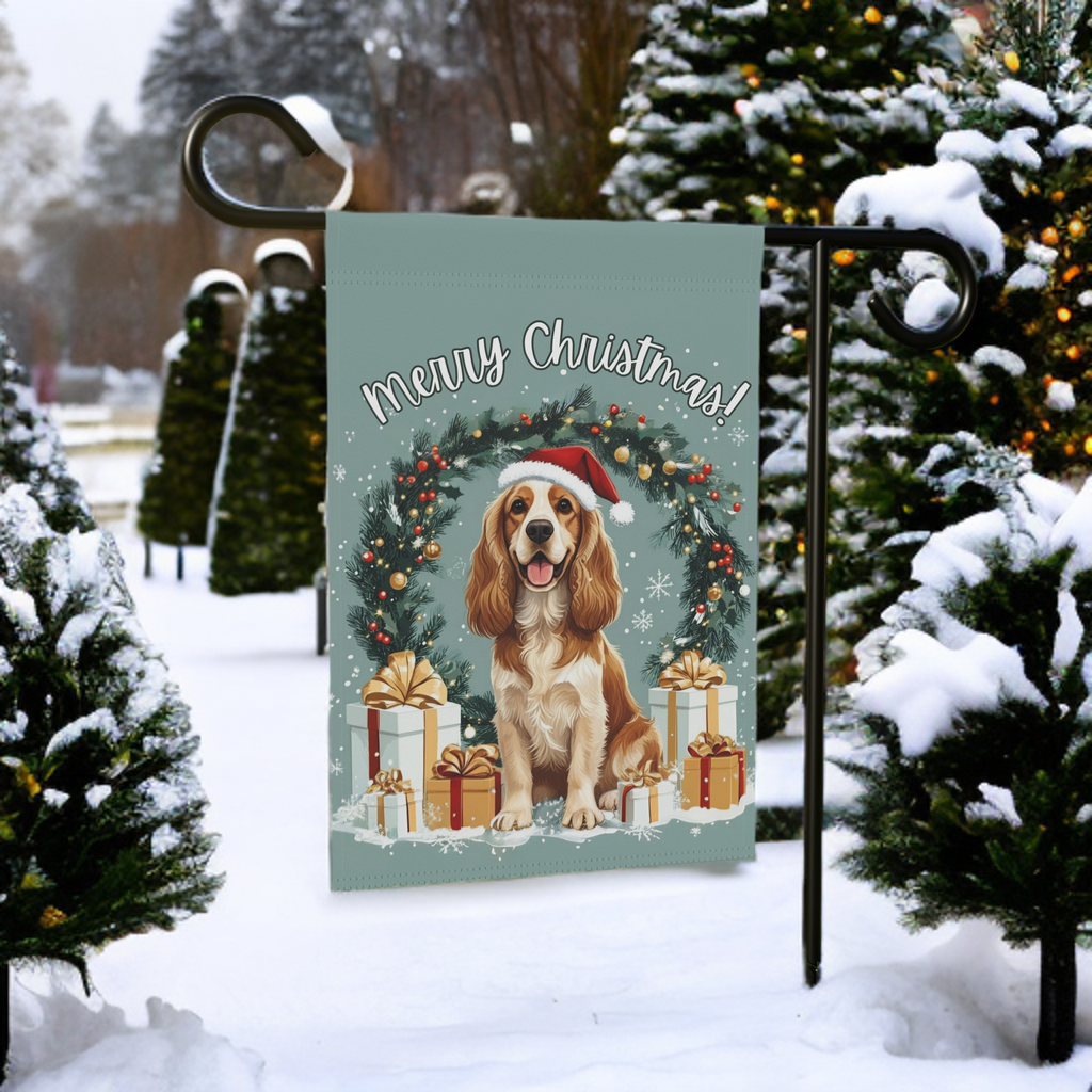 Merry Christmas Cocker Spaniel Garden Flag - size comparison - Dragonfire Gardens