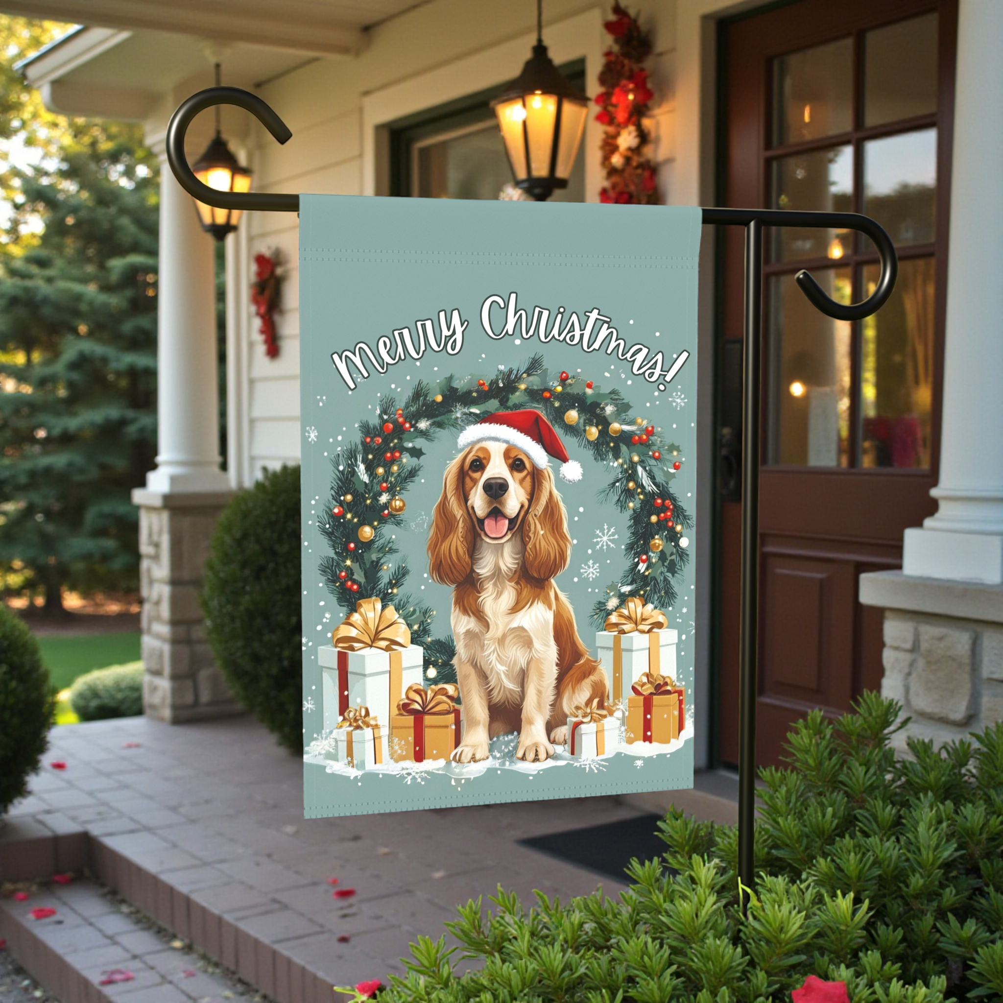 Merry Christmas Cocker Spaniel Garden Flag - lifestyle display - Dragonfire Gardens