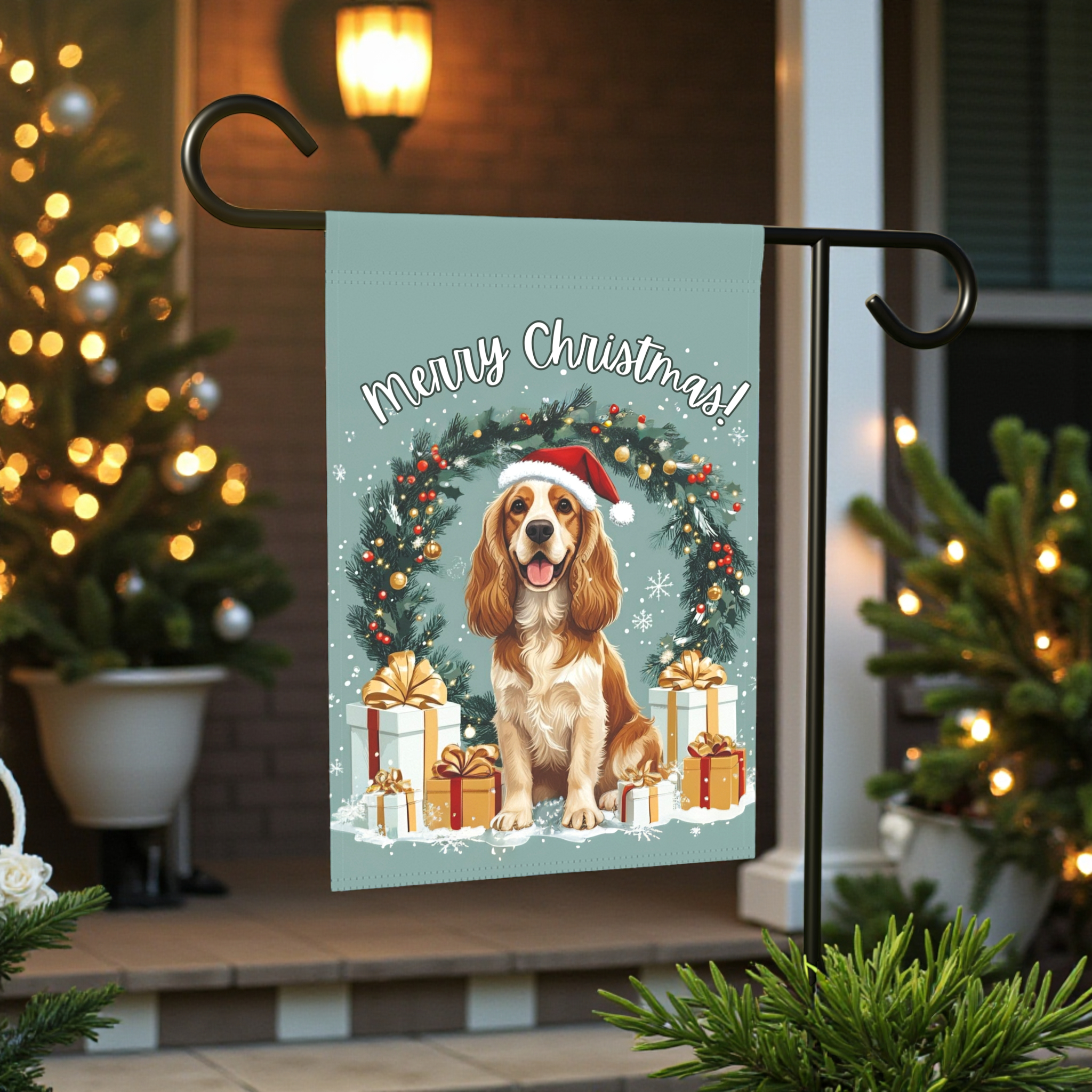 Merry Christmas Cocker Spaniel Garden Flag - front view - Dragonfire Gardens