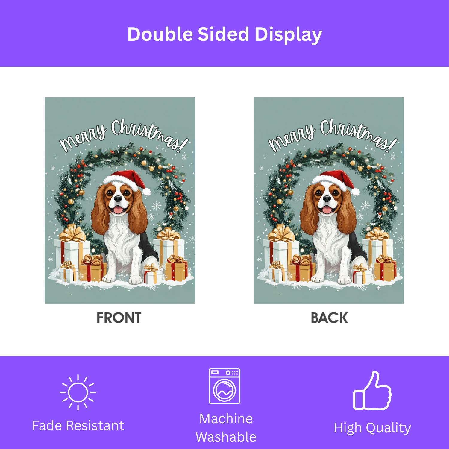 Merry Christmas Cavalier King Charles Spaniel Garden Flag - double-sided design - Dragonfire Gardens