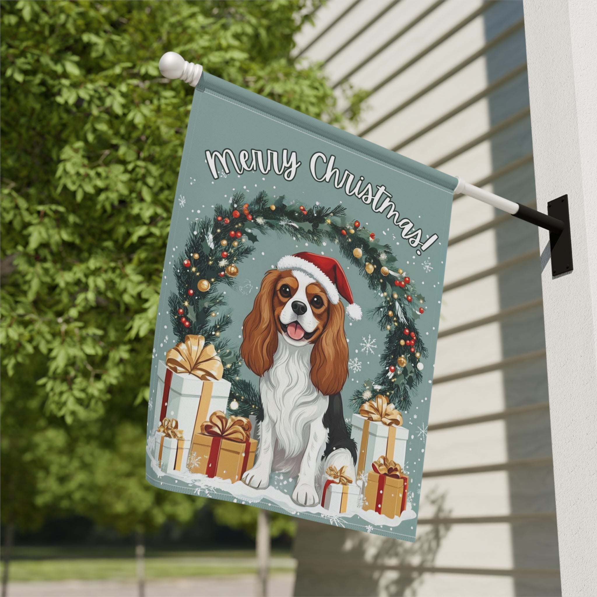 Merry Christmas Cavalier King Charles Spaniel Garden Flag - close-up detail - Dragonfire Gardens