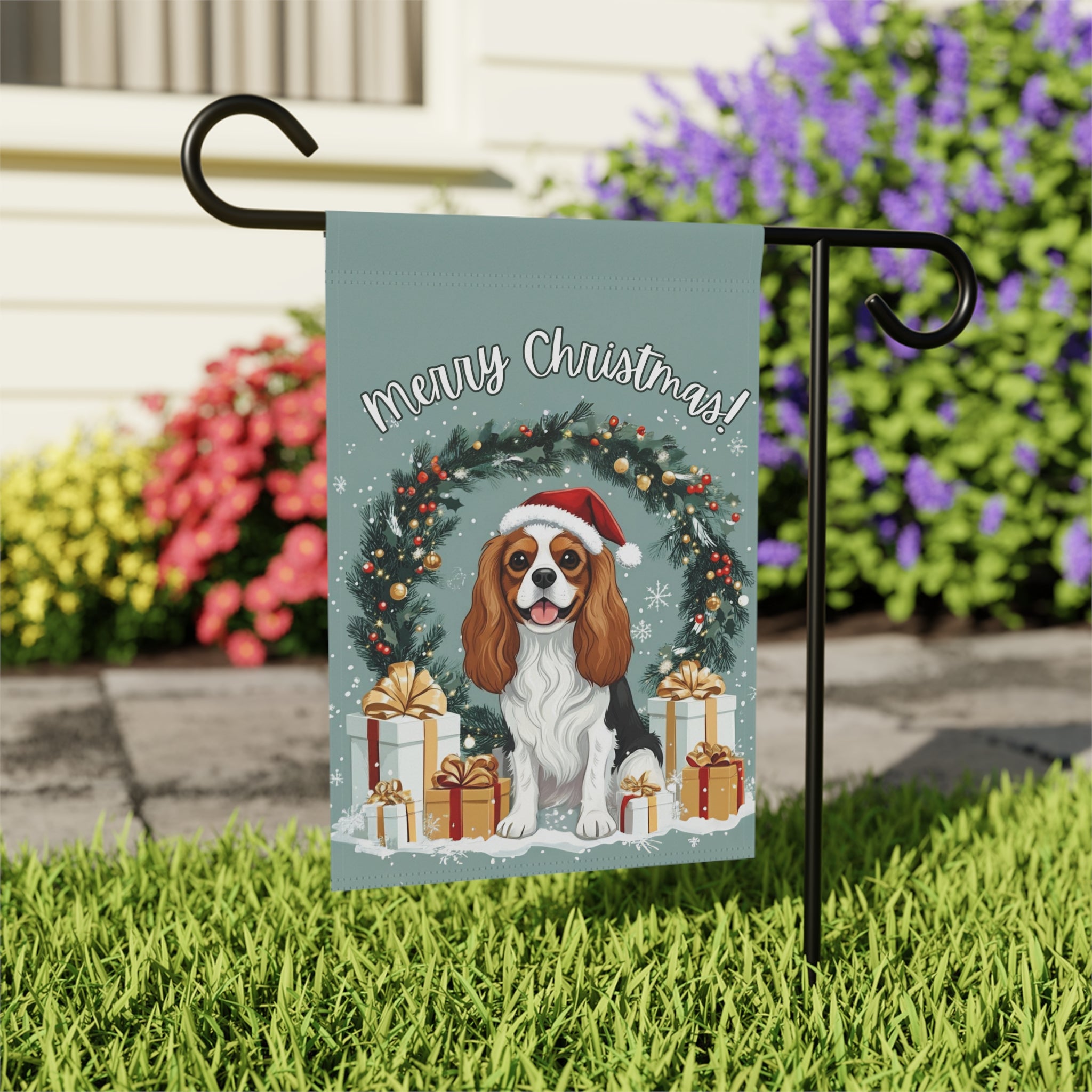 Merry Christmas Cavalier King Charles Spaniel Garden Flag - outdoor display - Dragonfire Gardens
