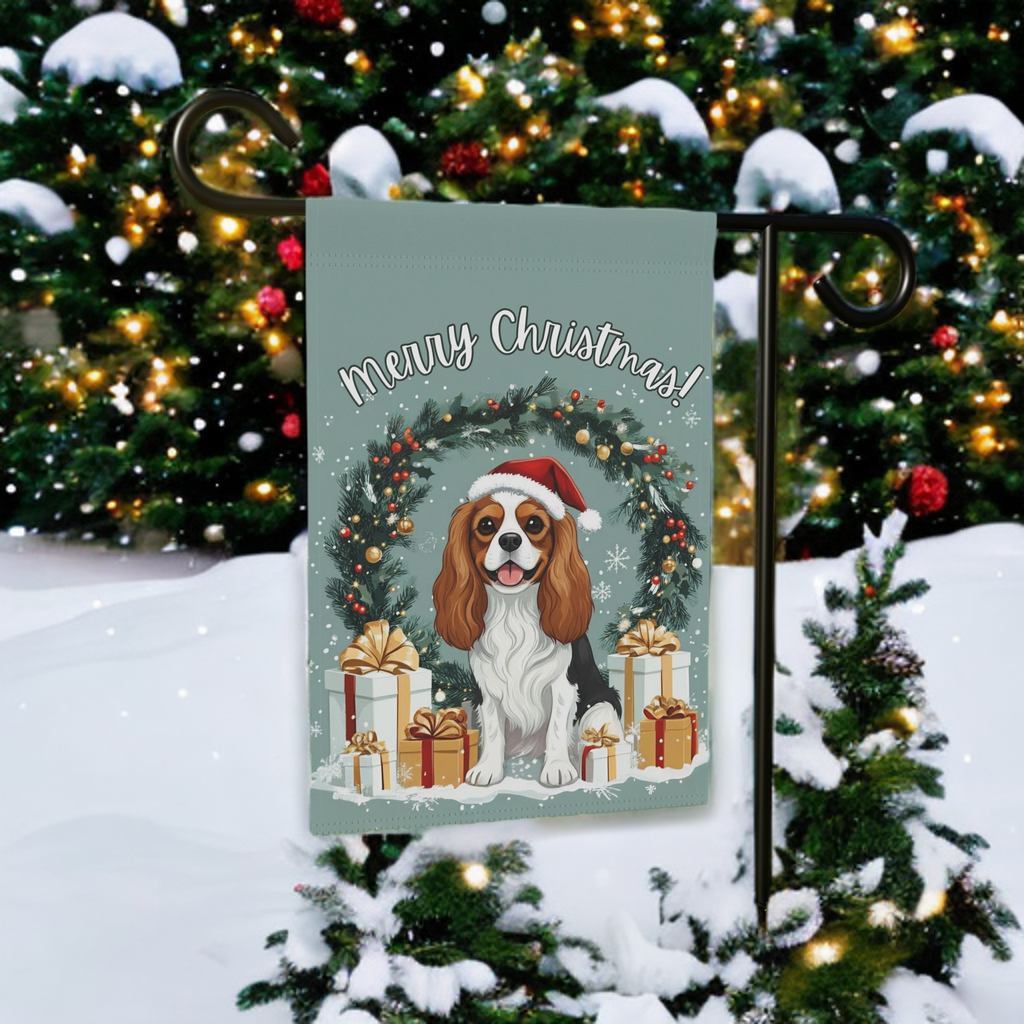 Merry Christmas Cavalier King Charles Spaniel Garden Flag - size comparison - Dragonfire Gardens