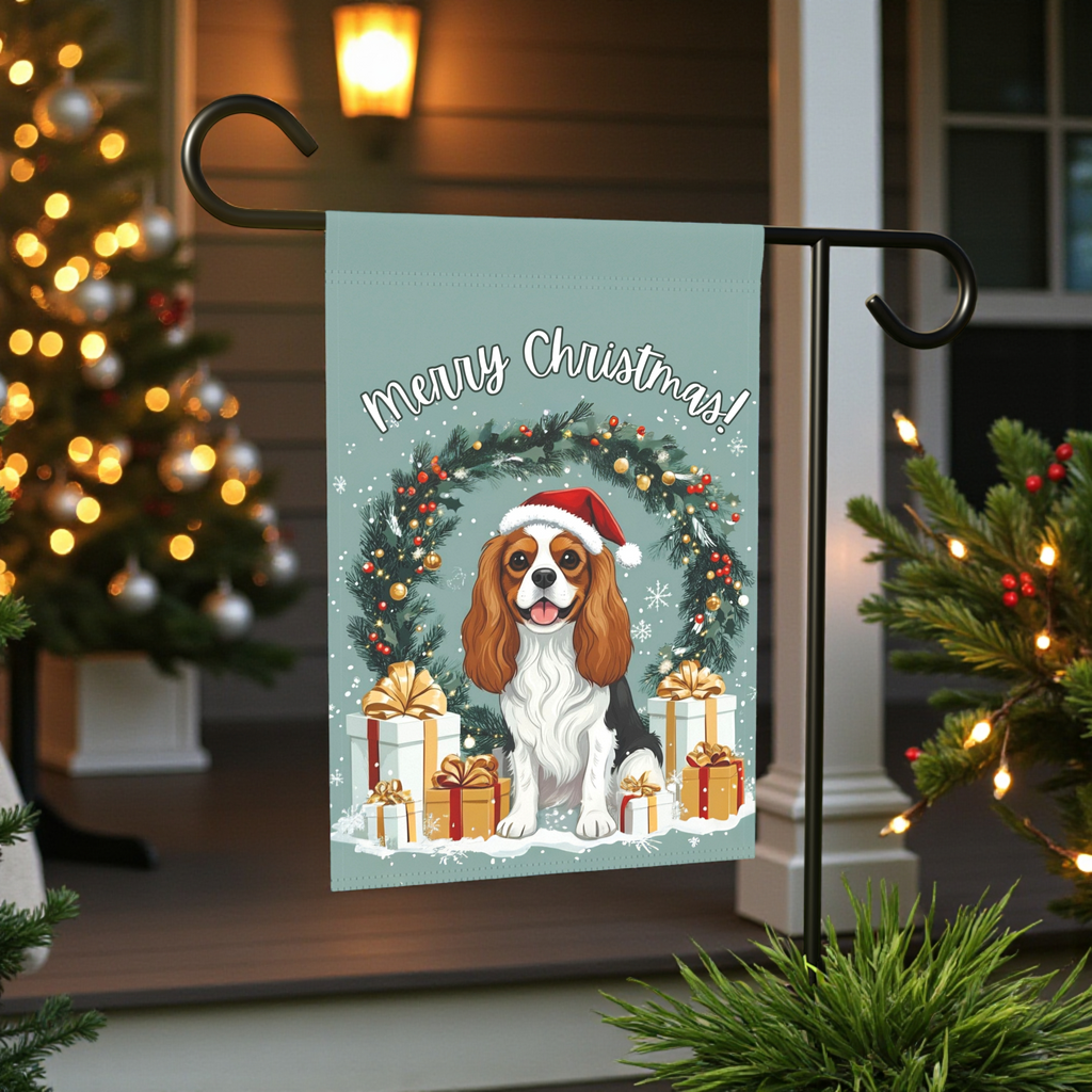 Merry Christmas Cavalier King Charles Spaniel Garden Flag - front view - Dragonfire Gardens