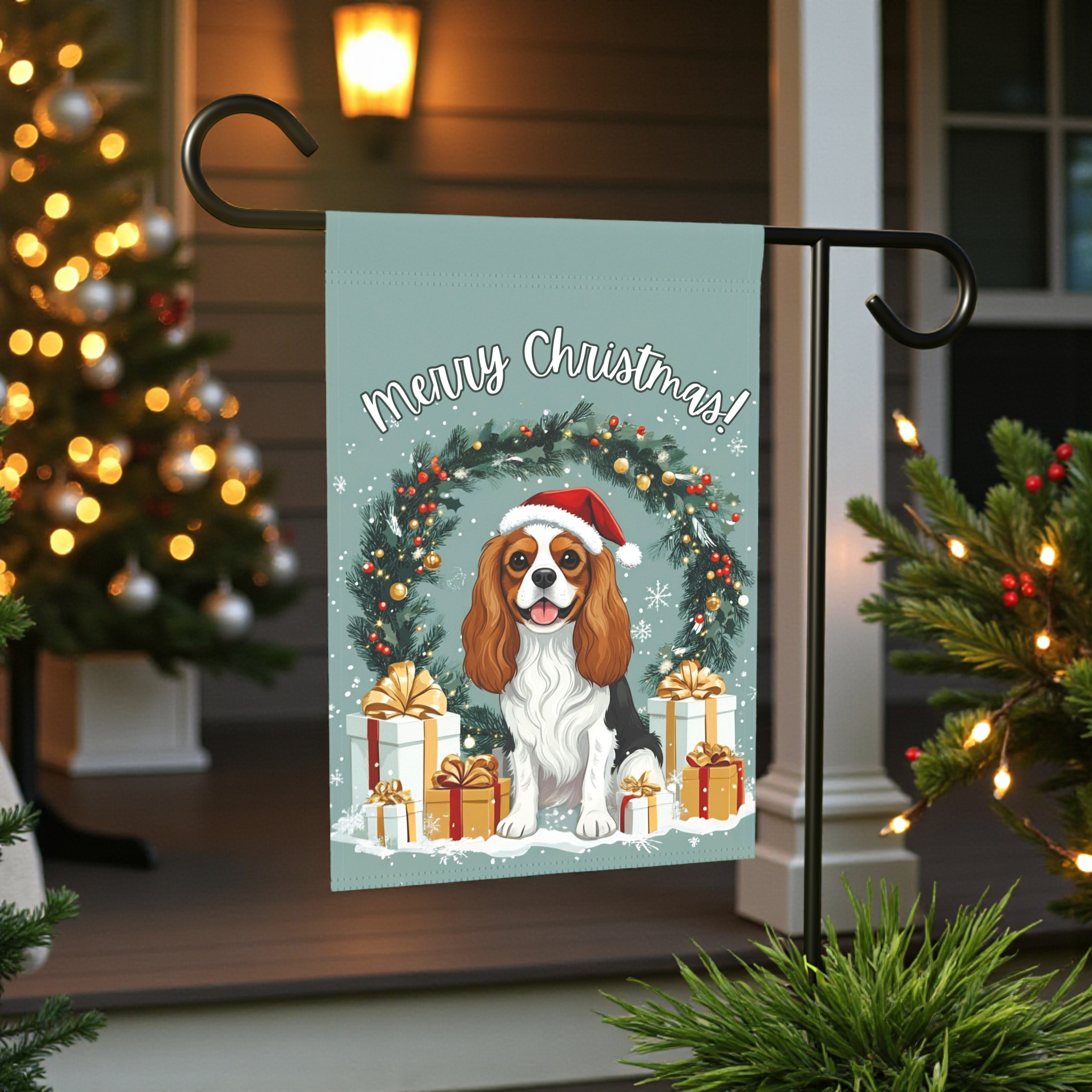 Merry Christmas Cavalier King Charles Spaniel Garden Flag - front view - Dragonfire Gardens